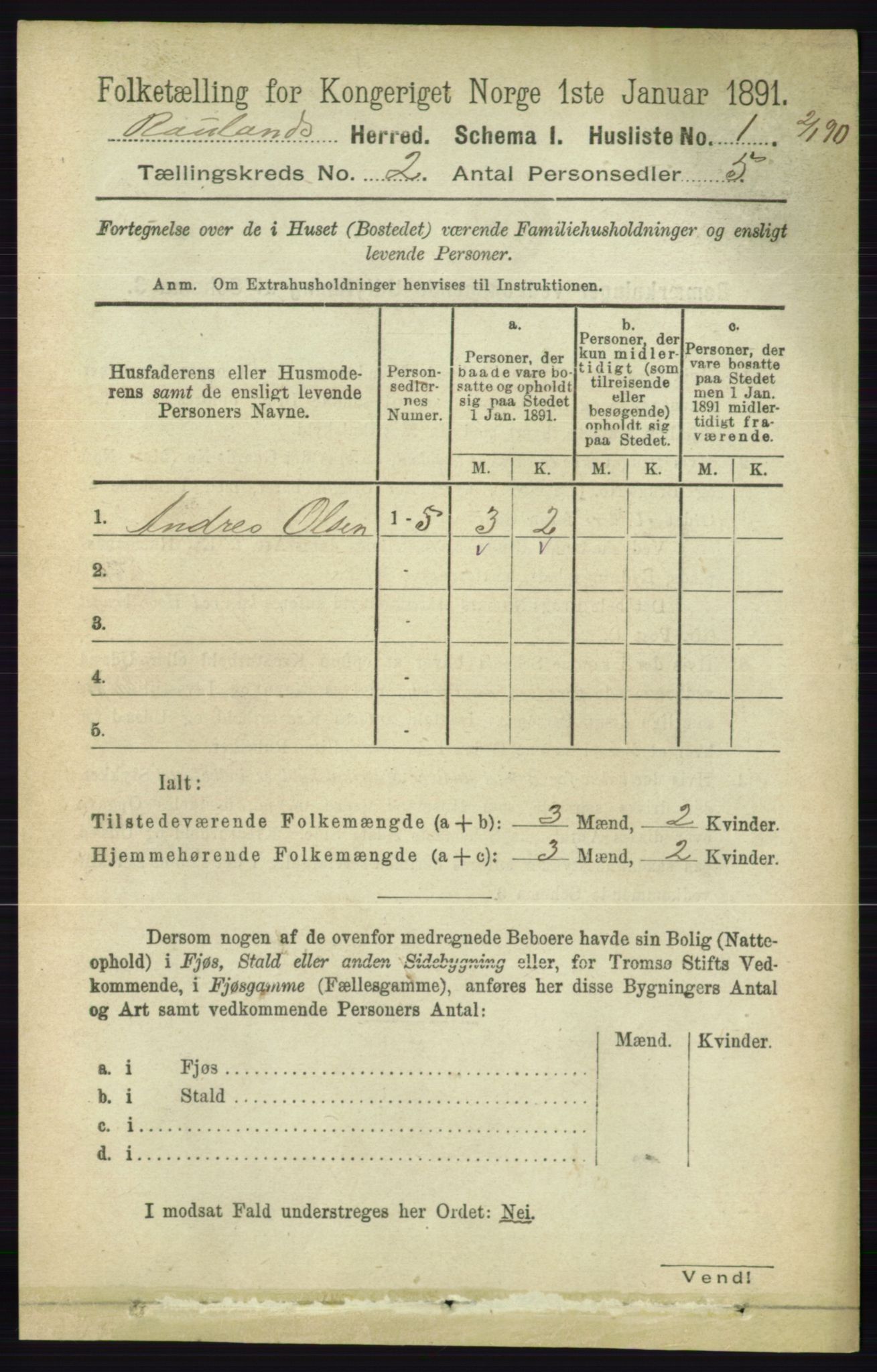 RA, 1891 census for 0835 Rauland, 1891, p. 182