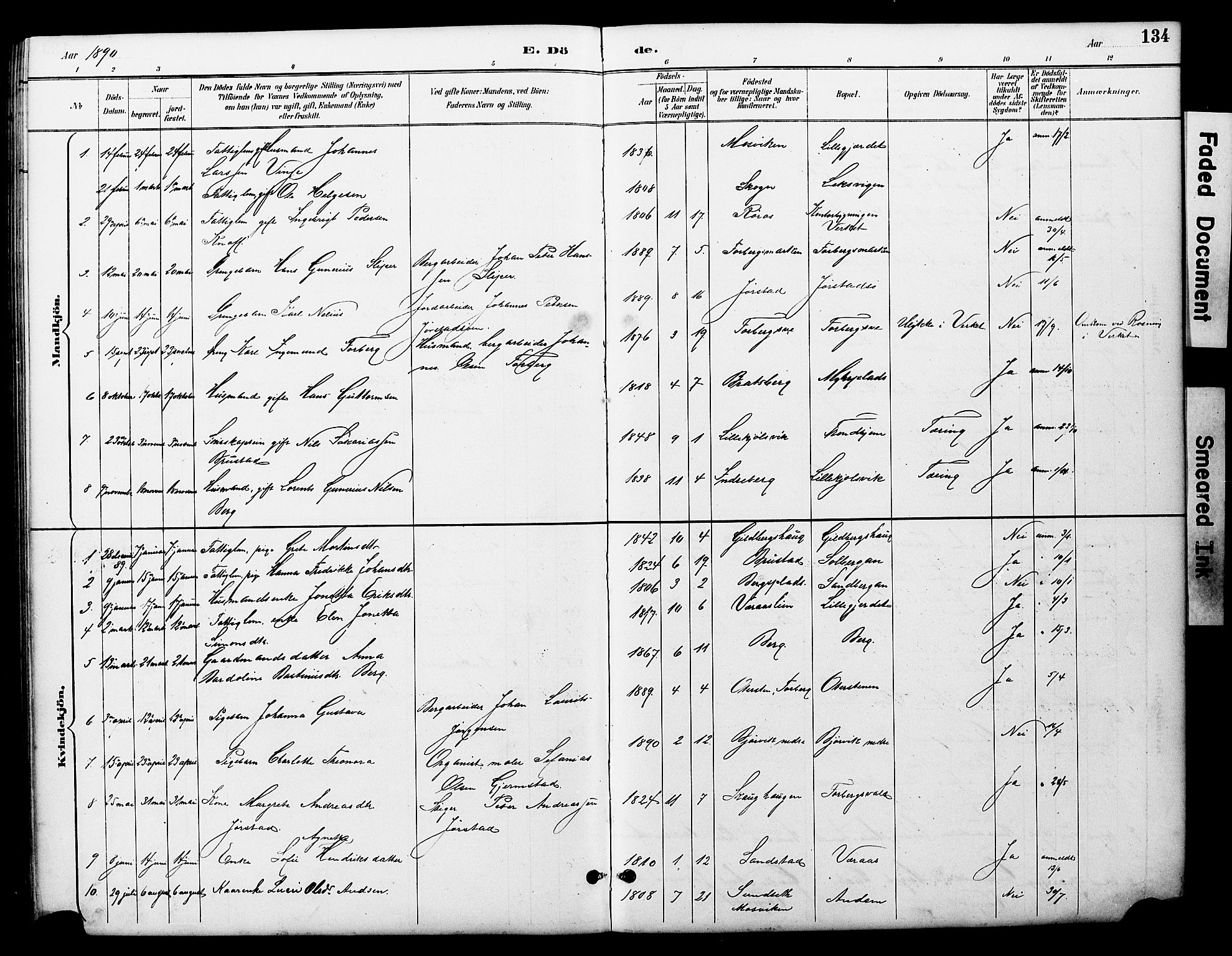 Ministerialprotokoller, klokkerbøker og fødselsregistre - Nord-Trøndelag, SAT/A-1458/722/L0226: Parish register (copy) no. 722C02, 1889-1927, p. 134