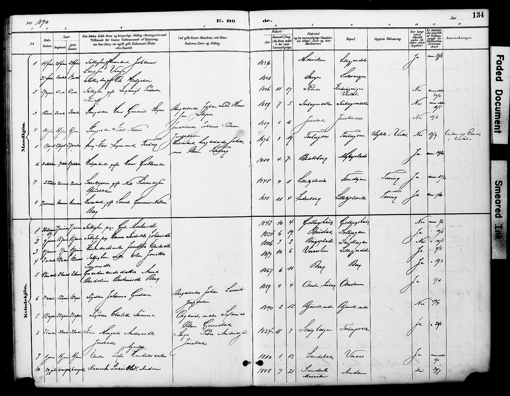 Ministerialprotokoller, klokkerbøker og fødselsregistre - Nord-Trøndelag, AV/SAT-A-1458/722/L0226: Parish register (copy) no. 722C02, 1889-1927, p. 134