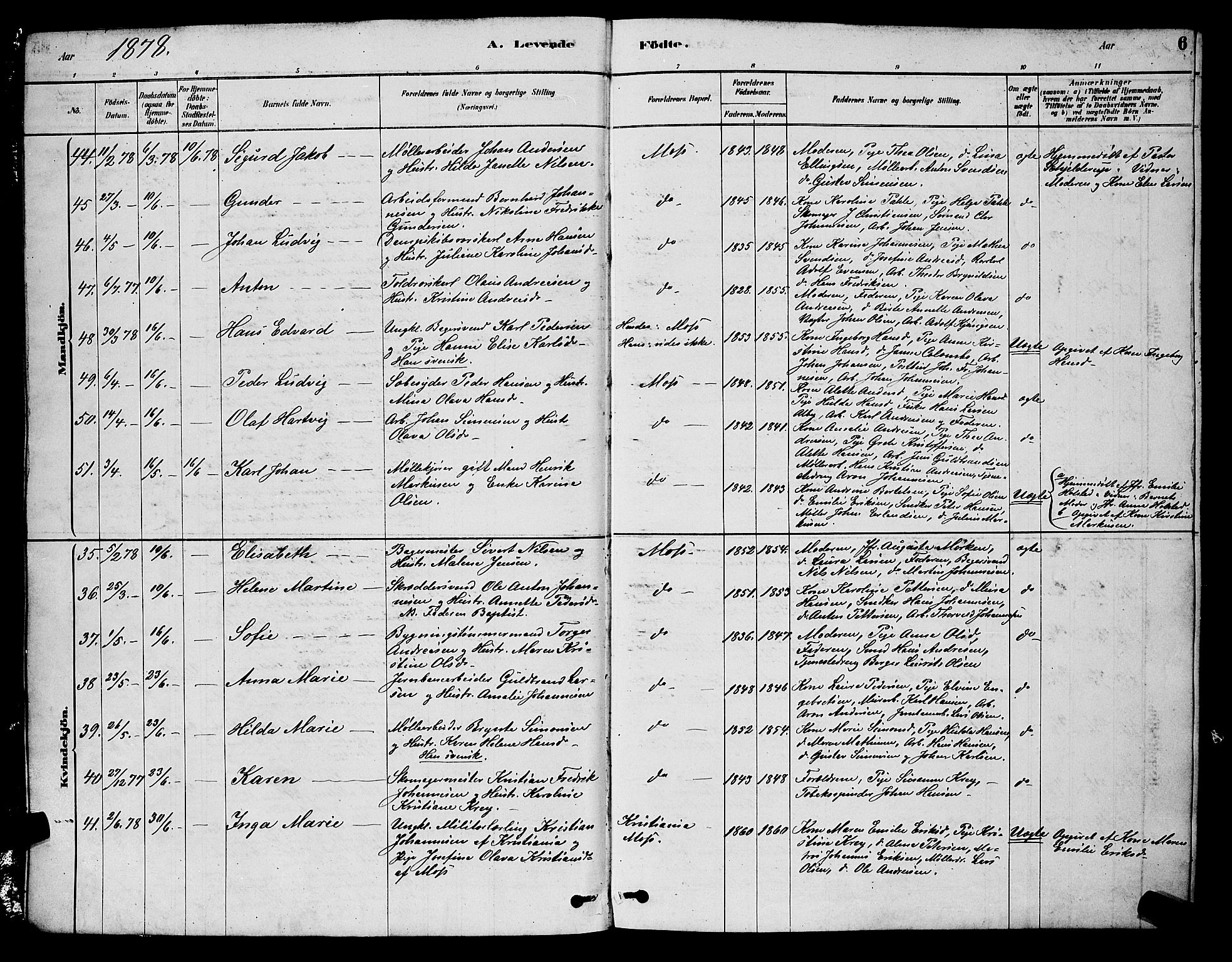 Moss prestekontor Kirkebøker, AV/SAO-A-2003/G/Ga/L0005: Parish register (copy) no. I 5, 1878-1888, p. 6