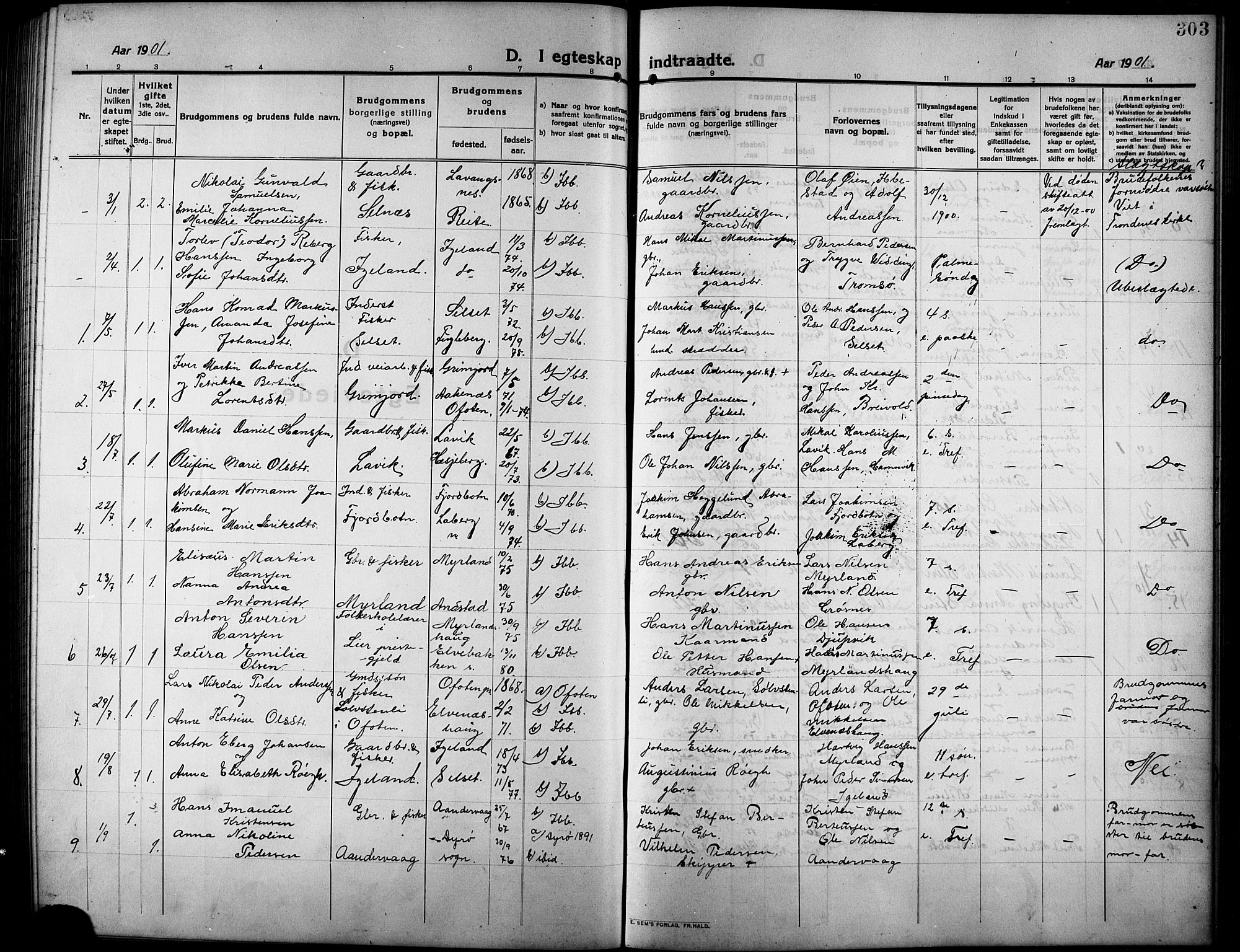 Ibestad sokneprestembete, AV/SATØ-S-0077/H/Ha/Hab/L0009klokker: Parish register (copy) no. 9, 1902-1914, p. 303