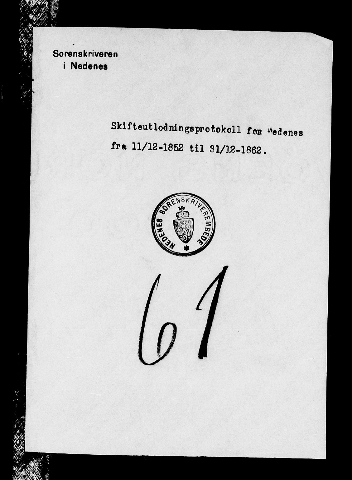 Nedenes sorenskriveri, SAK/1221-0006/H/Hc/L0015: Skifteutlodningsprotokoll nr 1 med register, 1852-1862