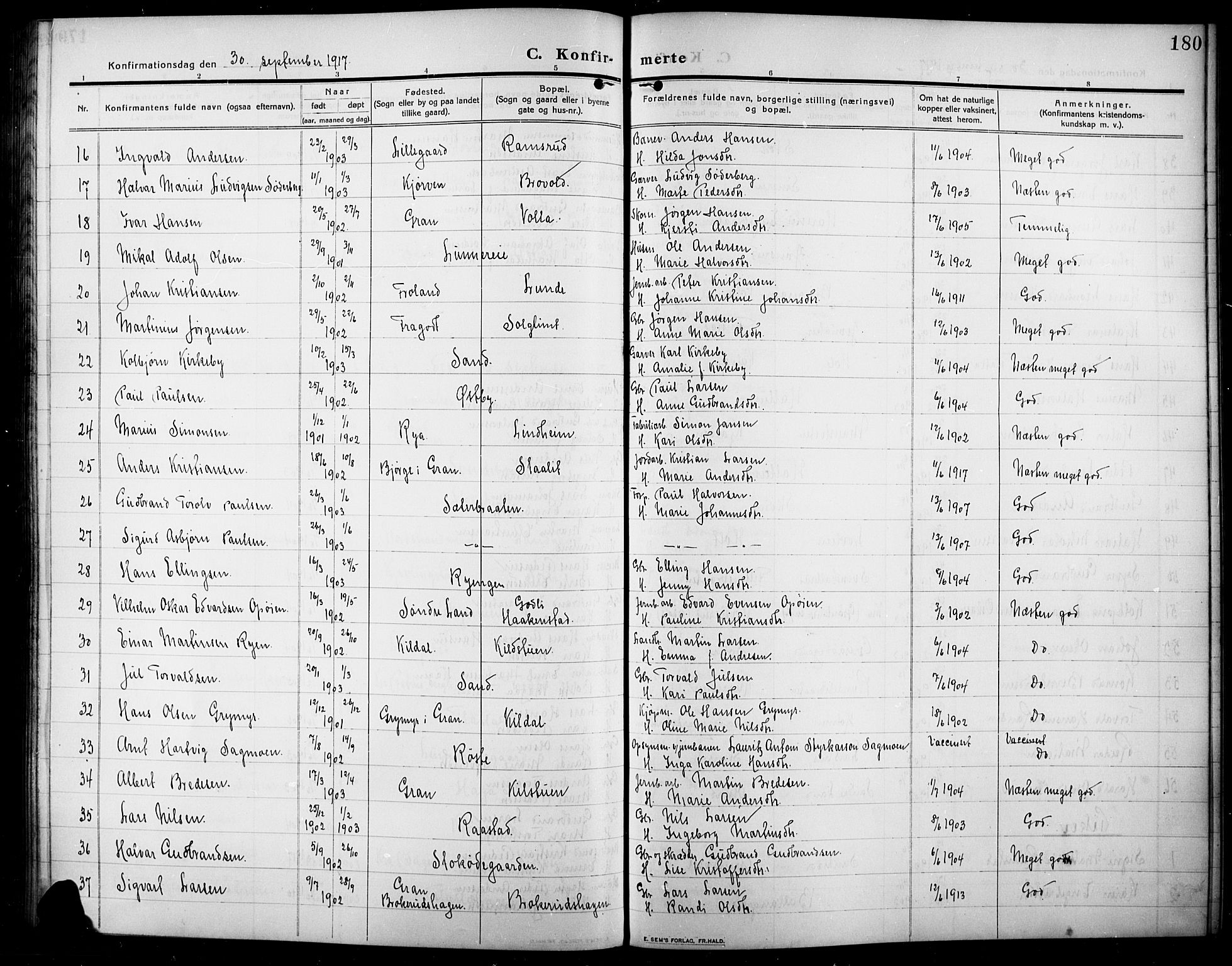 Lunner prestekontor, SAH/PREST-118/H/Ha/Hab/L0001: Parish register (copy) no. 1, 1909-1922, p. 180
