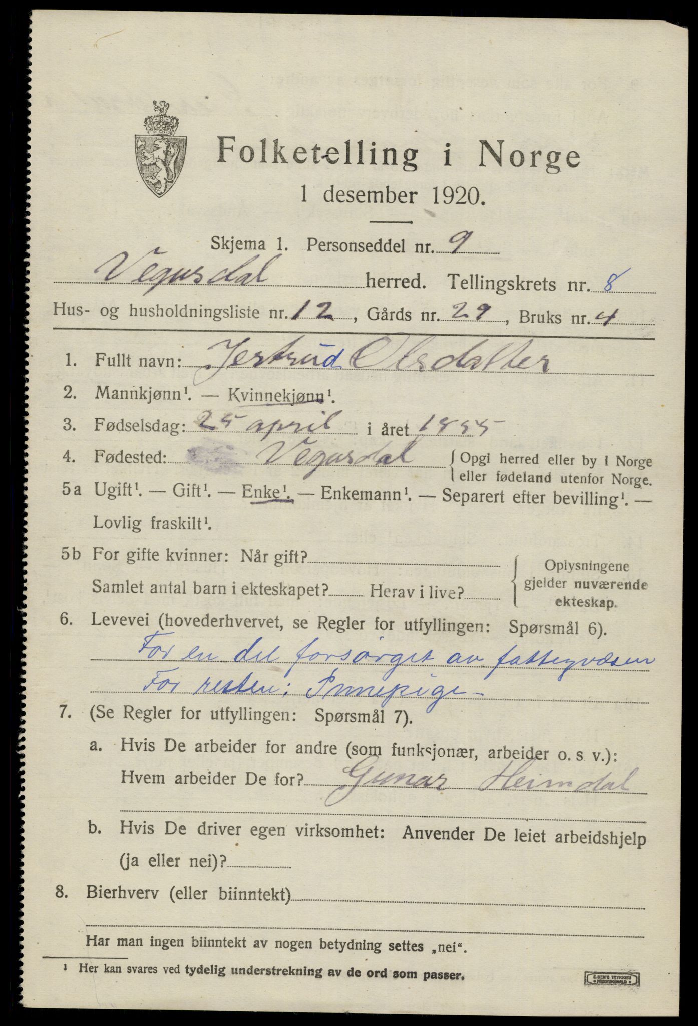 SAK, 1920 census for Vegusdal, 1920, p. 1937