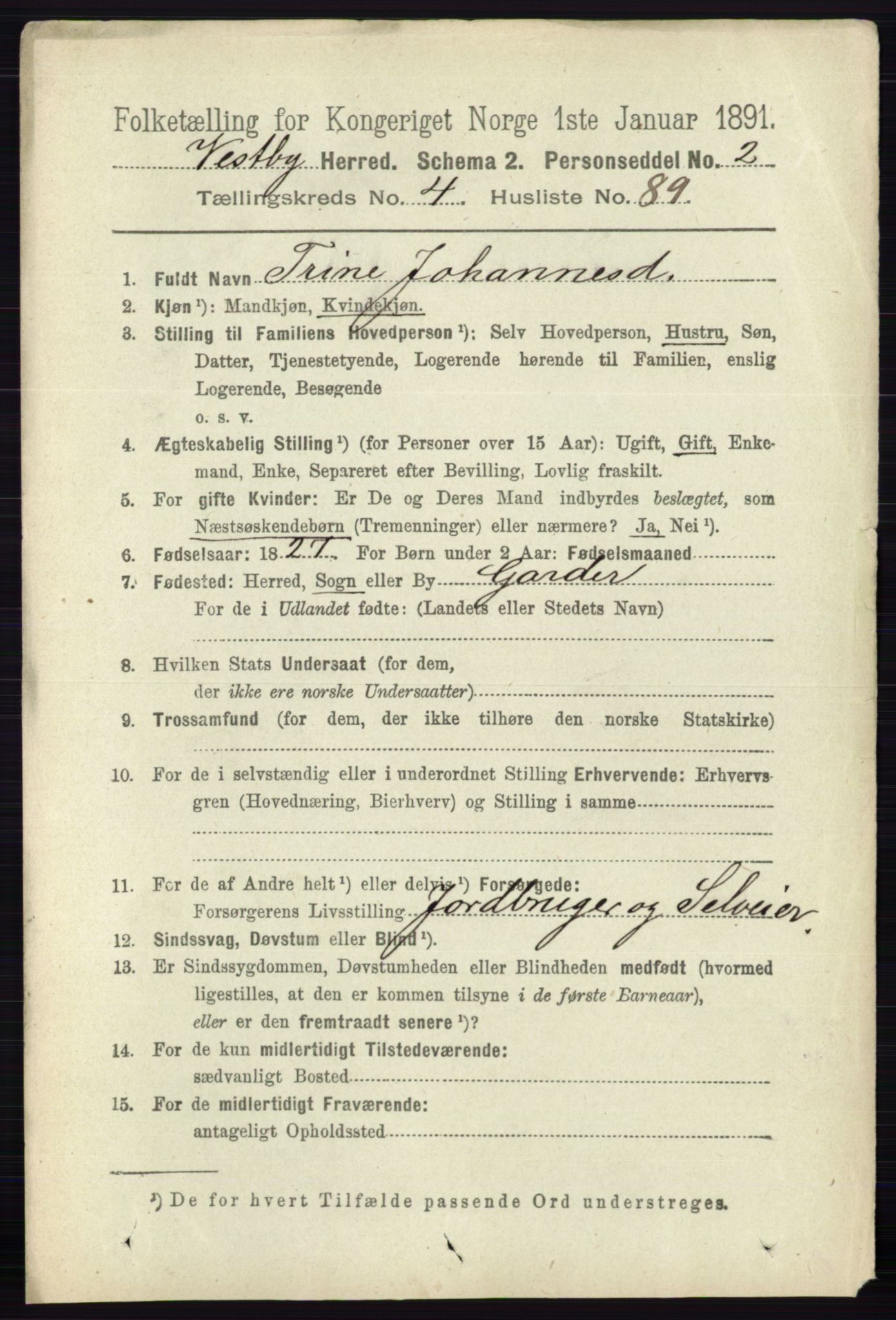 RA, 1891 census for 0211 Vestby, 1891, p. 2040