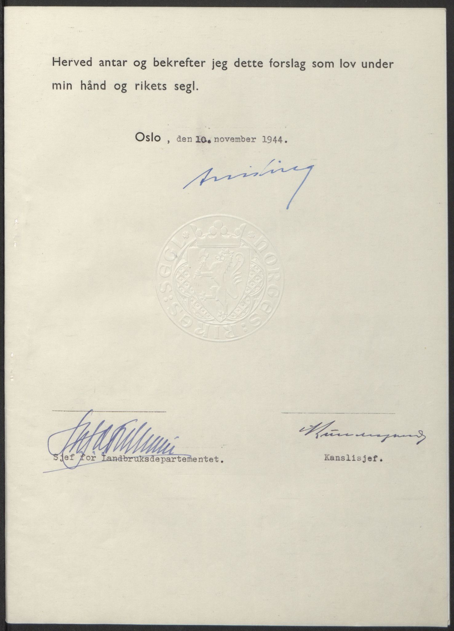 NS-administrasjonen 1940-1945 (Statsrådsekretariatet, de kommisariske statsråder mm), AV/RA-S-4279/D/Db/L0100: Lover, 1944, p. 581