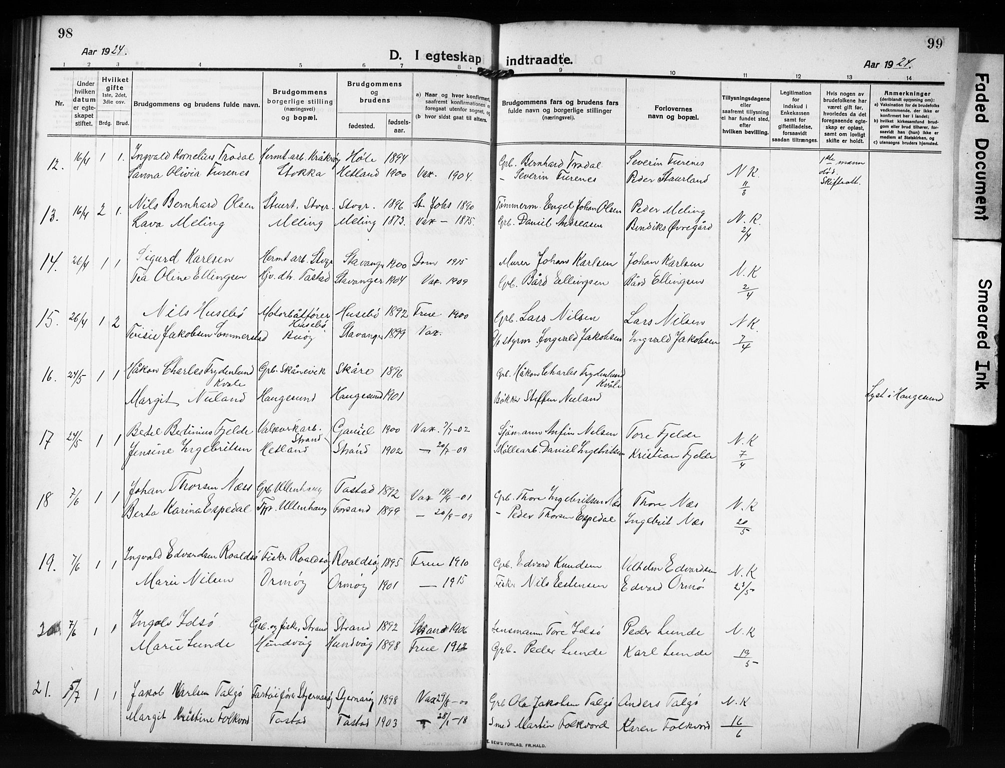 Hetland sokneprestkontor, SAST/A-101826/30/30BB/L0009: Parish register (copy) no. B 9, 1910-1931, p. 98-99