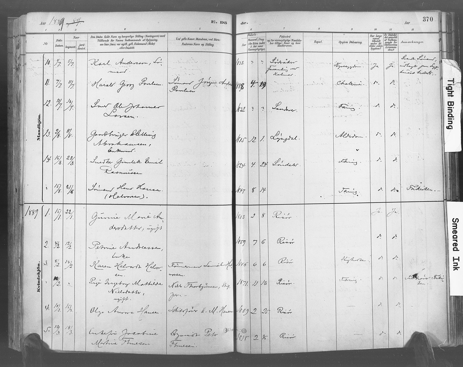 Risør sokneprestkontor, AV/SAK-1111-0035/F/Fa/L0005: Parish register (official) no. A 5, 1883-1895, p. 370