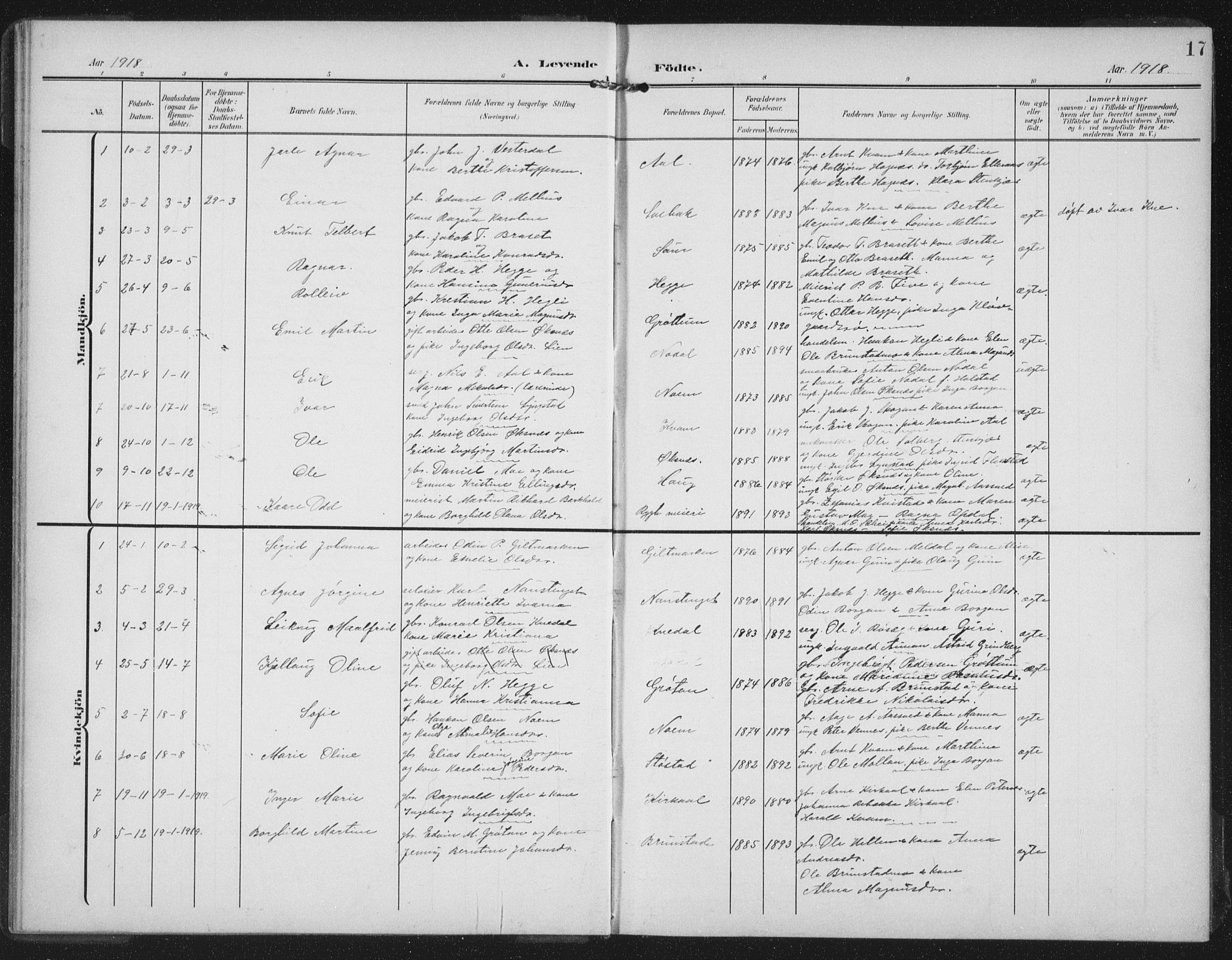 Ministerialprotokoller, klokkerbøker og fødselsregistre - Nord-Trøndelag, SAT/A-1458/747/L0460: Parish register (copy) no. 747C02, 1908-1939, p. 17