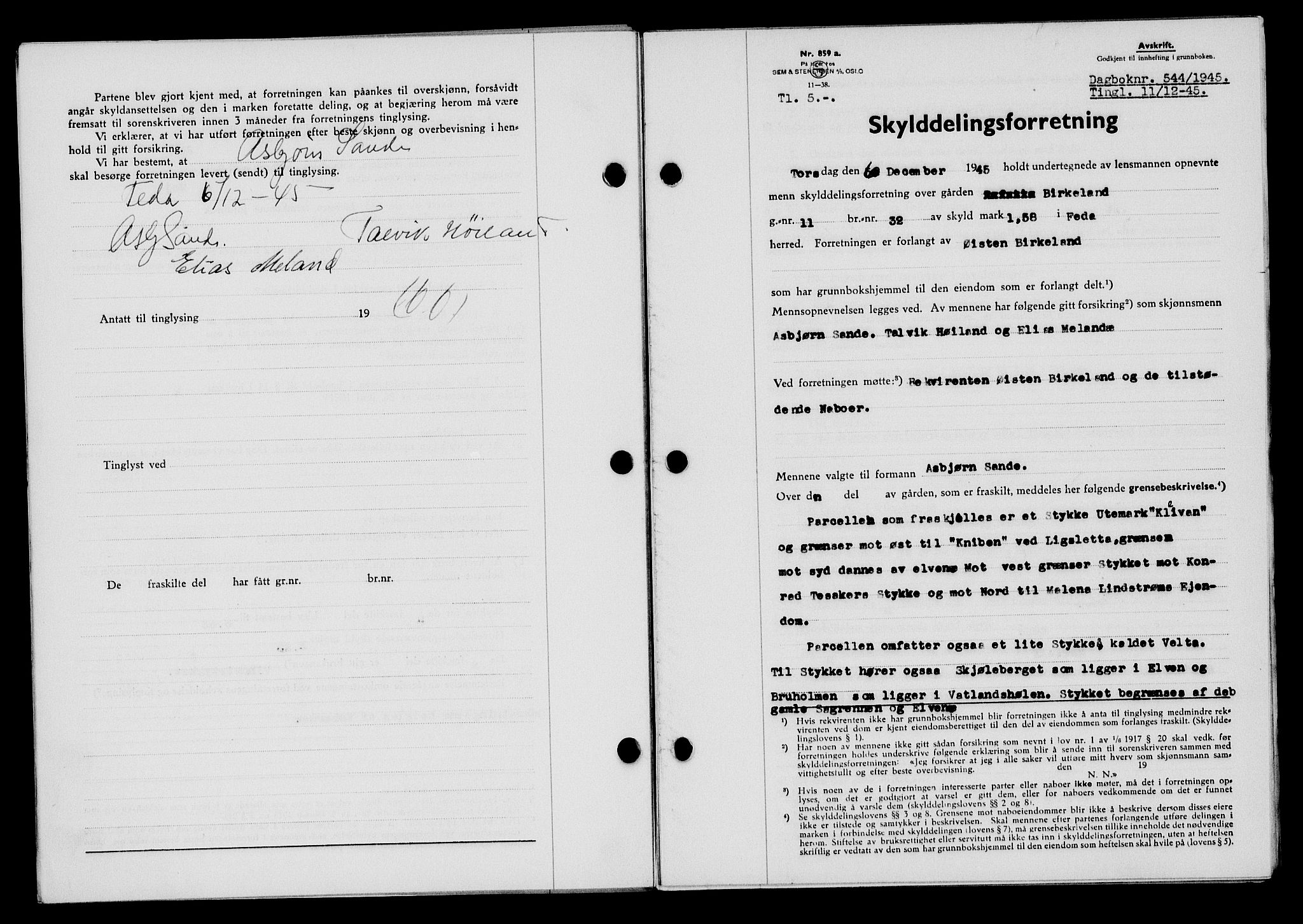Flekkefjord sorenskriveri, SAK/1221-0001/G/Gb/Gba/L0060: Mortgage book no. A-8, 1945-1946, Diary no: : 544/1945