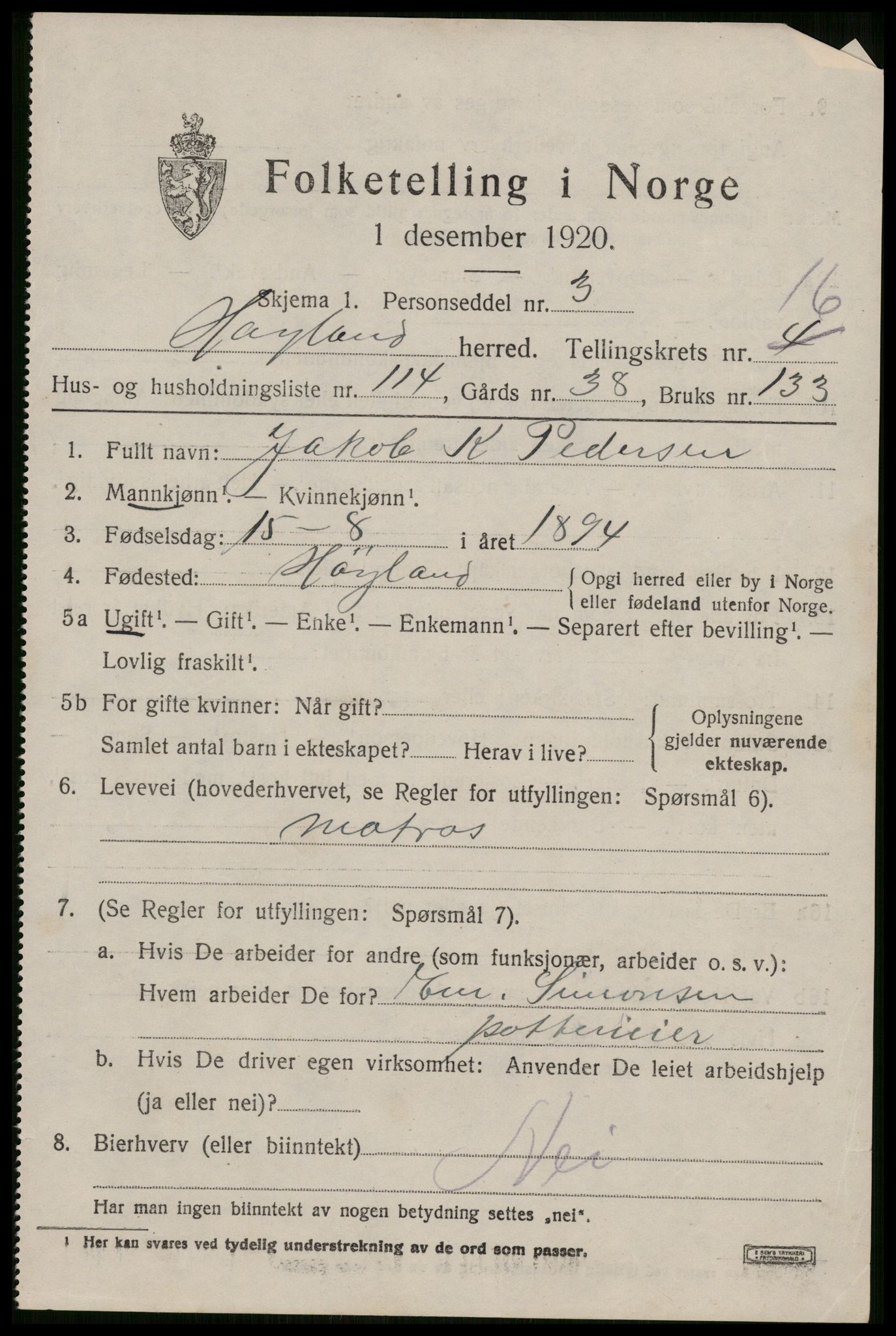 SAST, 1920 census for Høyland, 1920, p. 15596