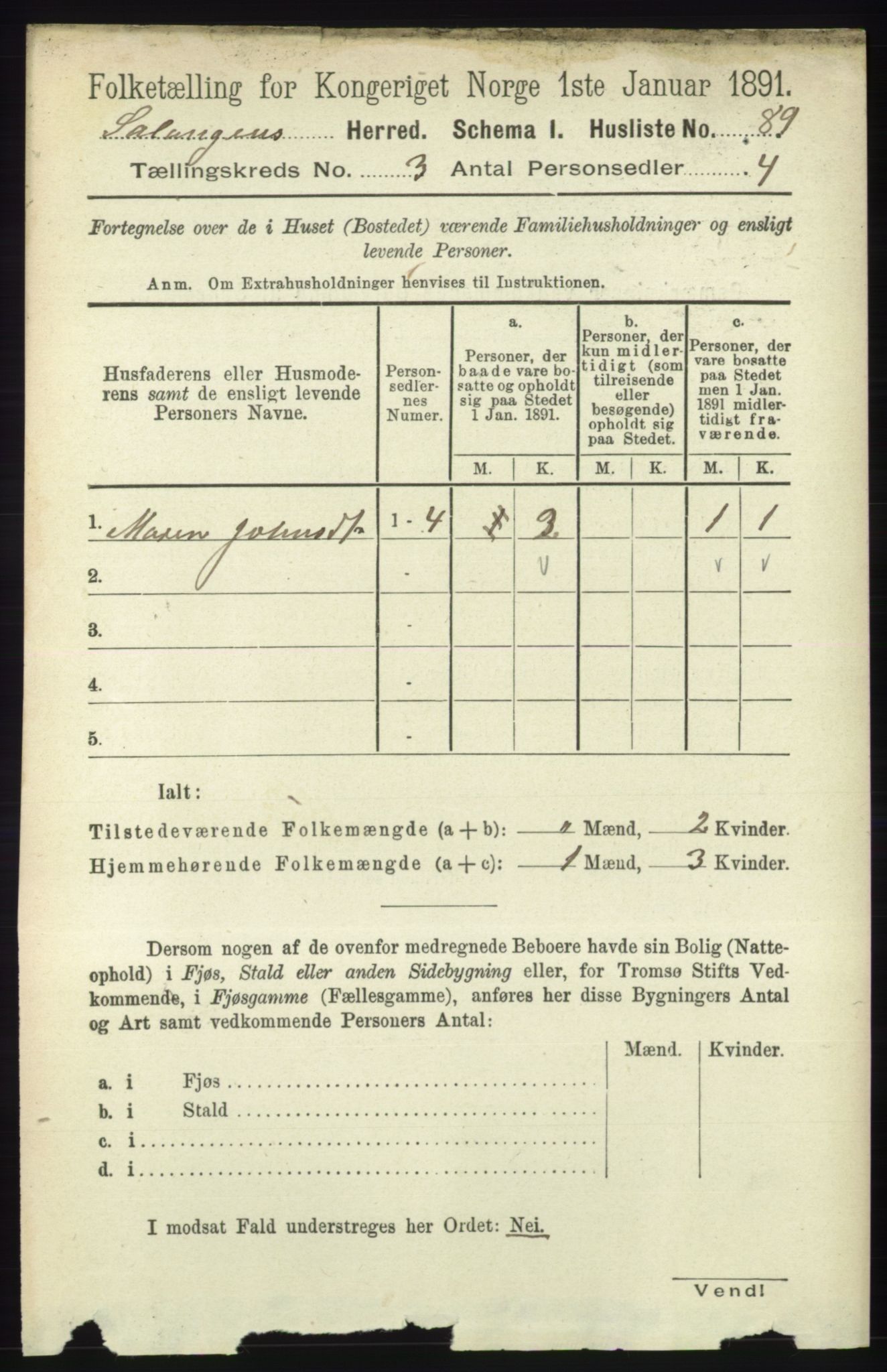 RA, 1891 census for 1921 Salangen, 1891, p. 1227