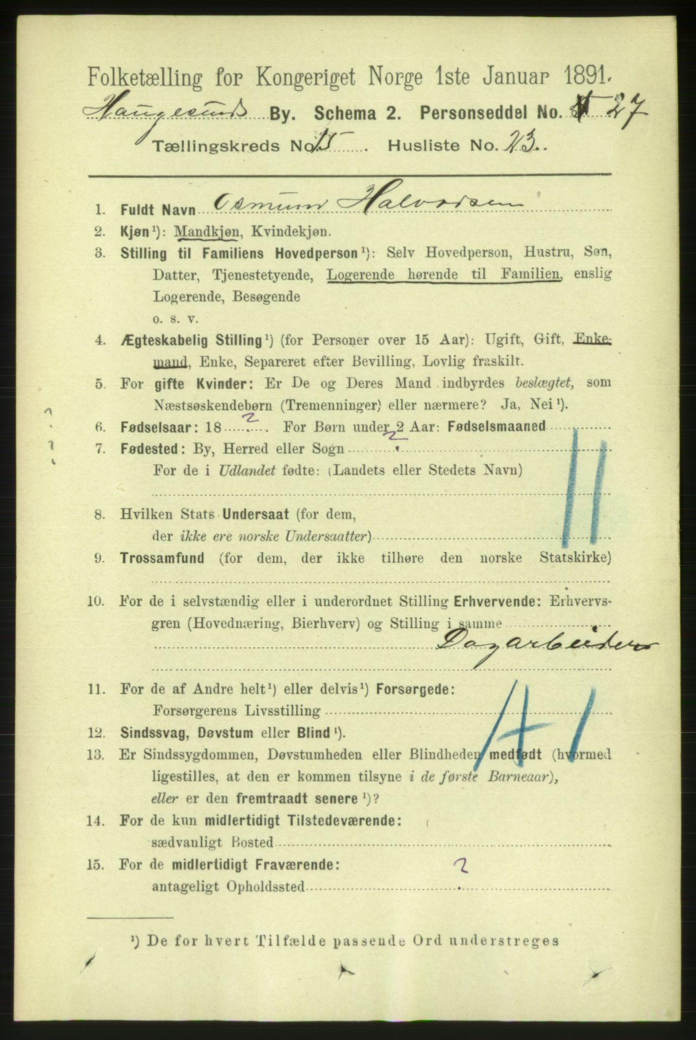 RA, 1891 census for 1106 Haugesund, 1891, p. 5177
