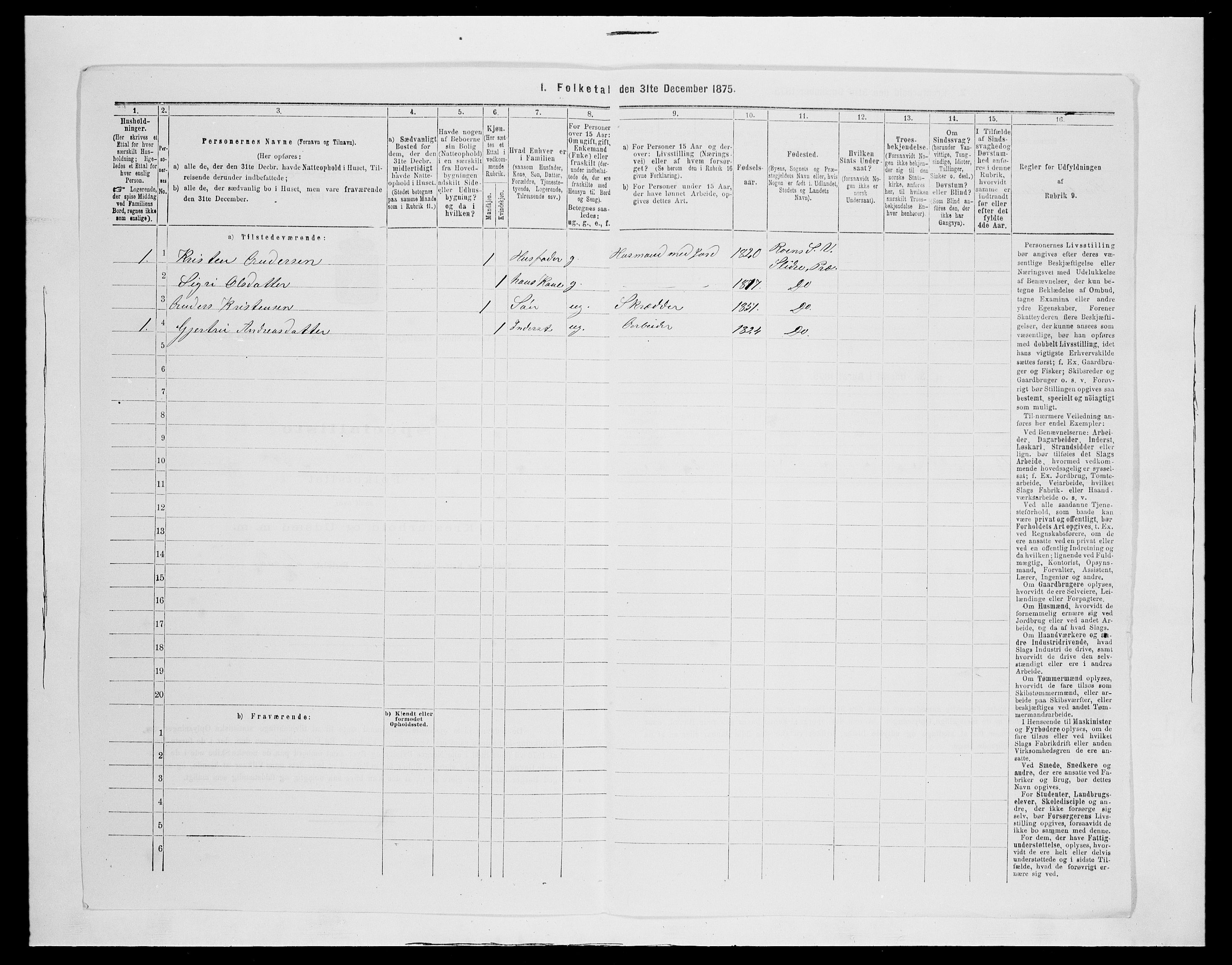 SAH, 1875 census for 0543P Vestre Slidre, 1875, p. 876