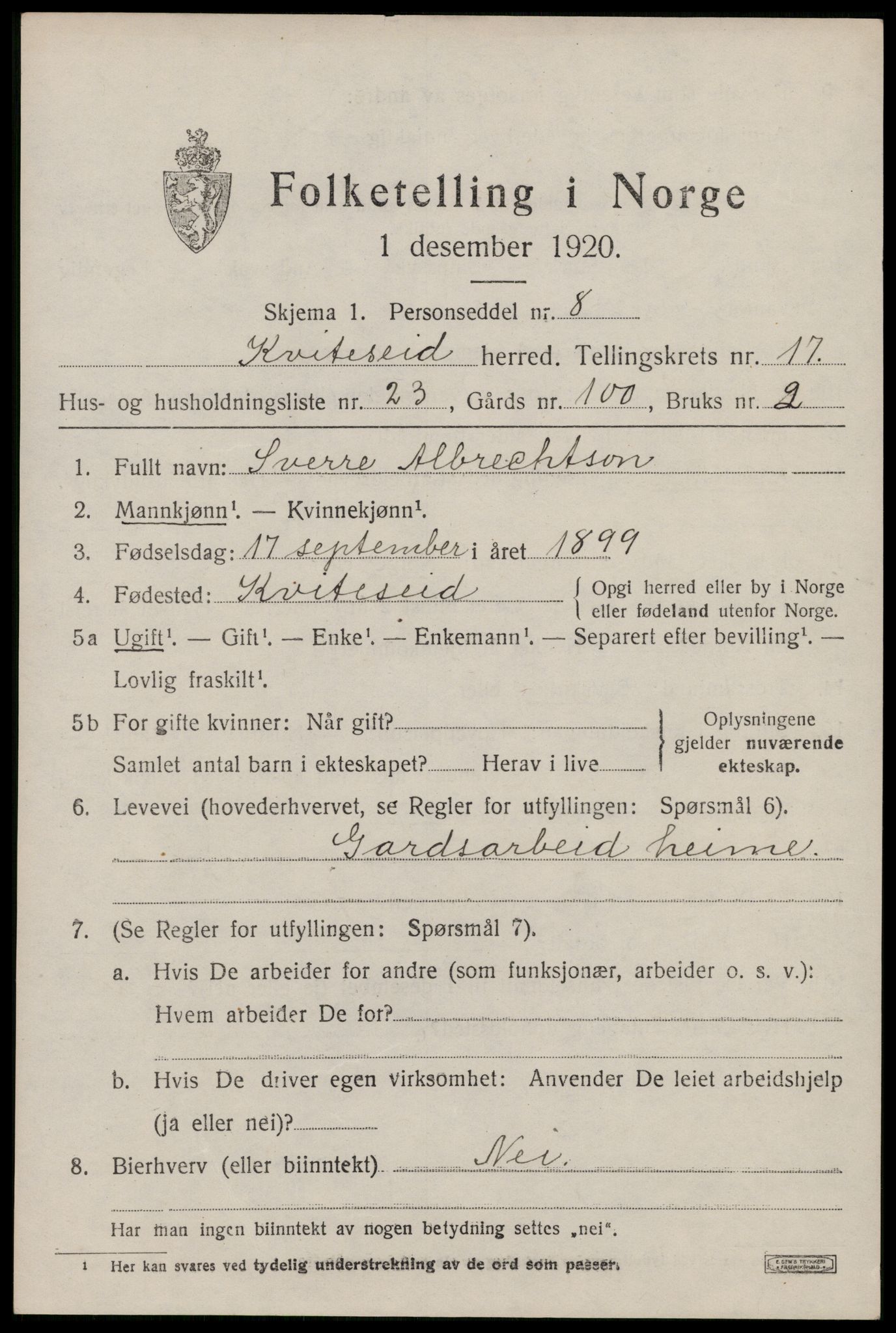 SAKO, 1920 census for Kviteseid, 1920, p. 7965