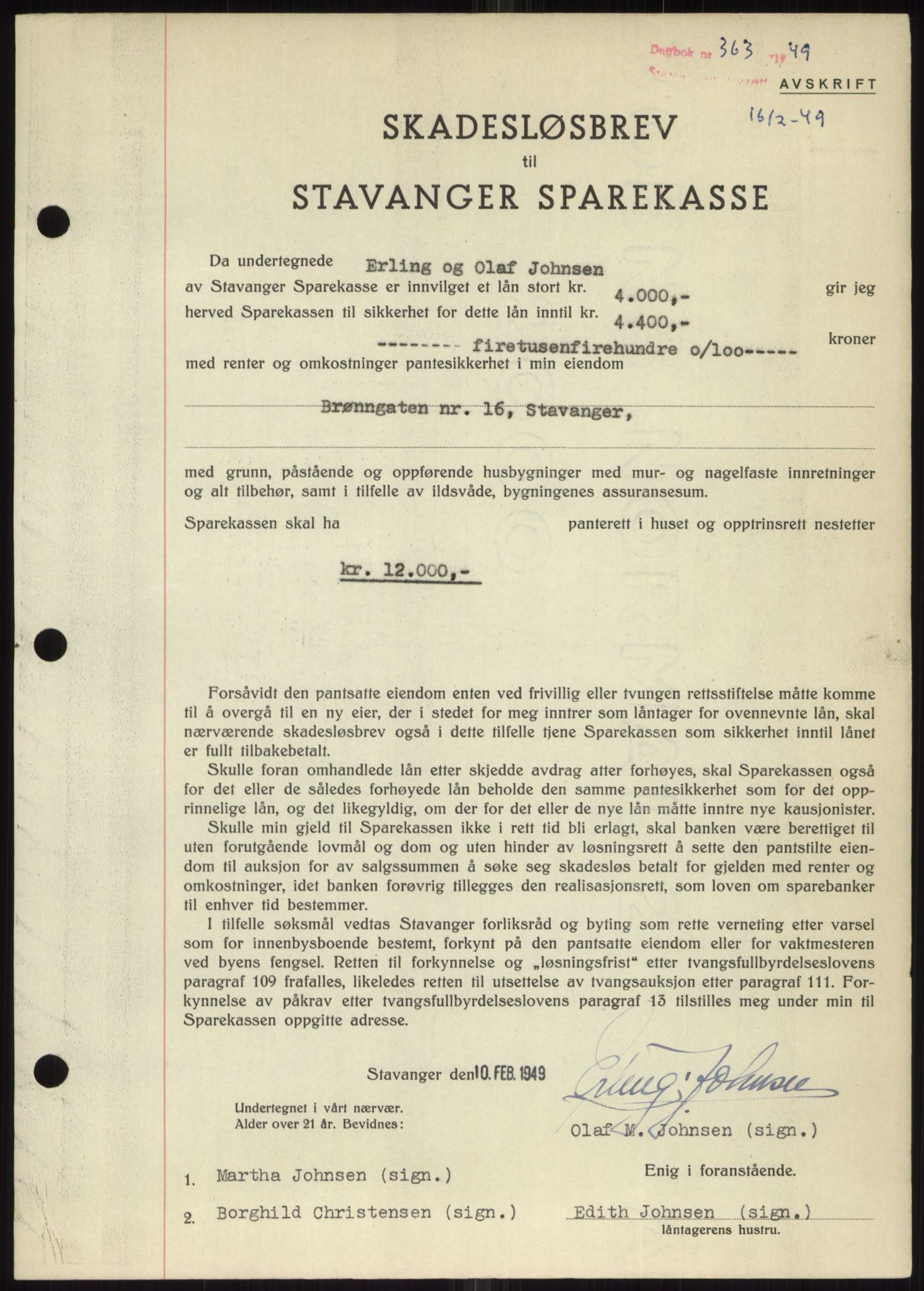 Stavanger byrett, SAST/A-100455/002/G/Gb/L0032: Mortgage book, 1947-1950, Diary no: : 363/1949