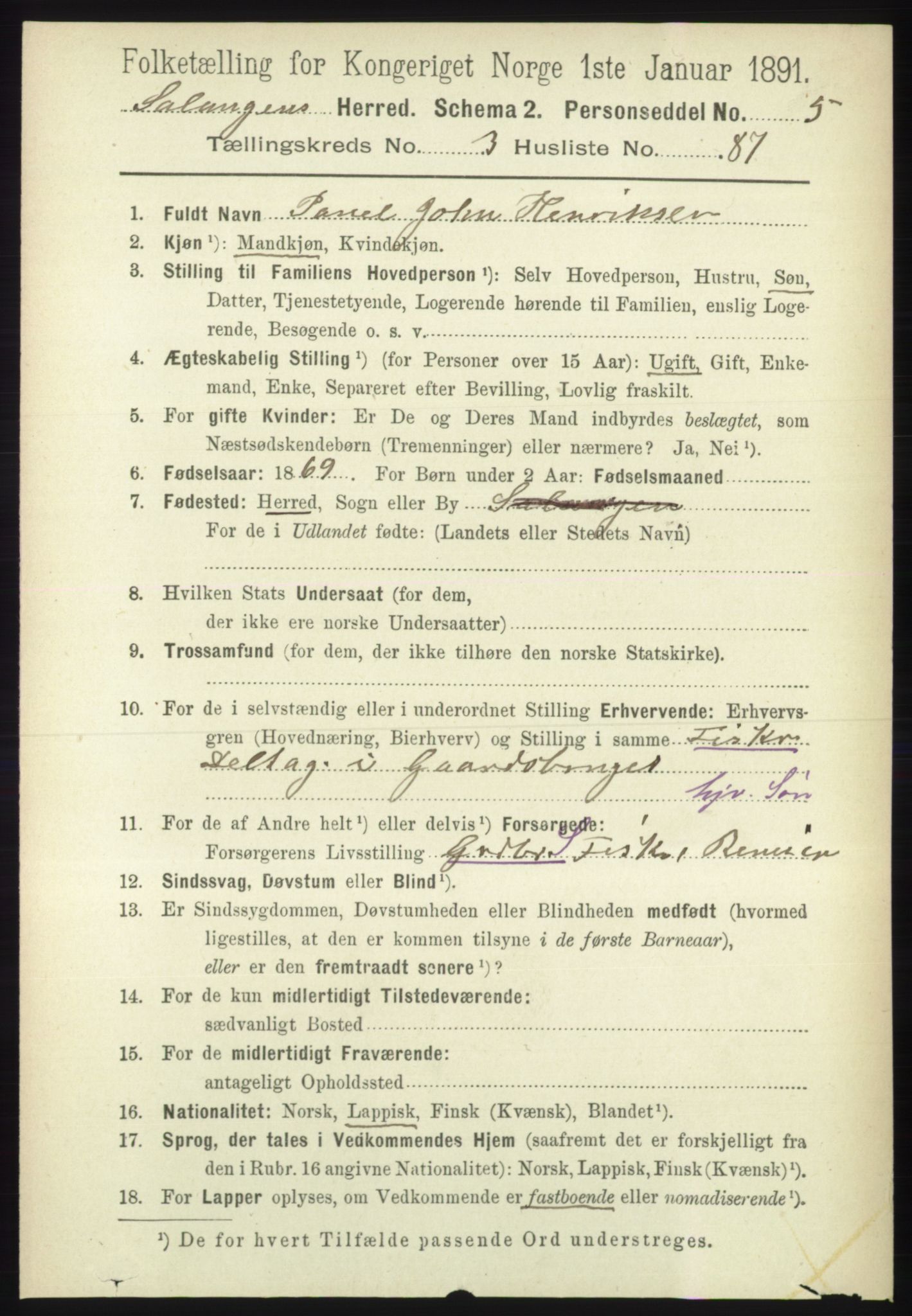 RA, 1891 census for 1921 Salangen, 1891, p. 1724