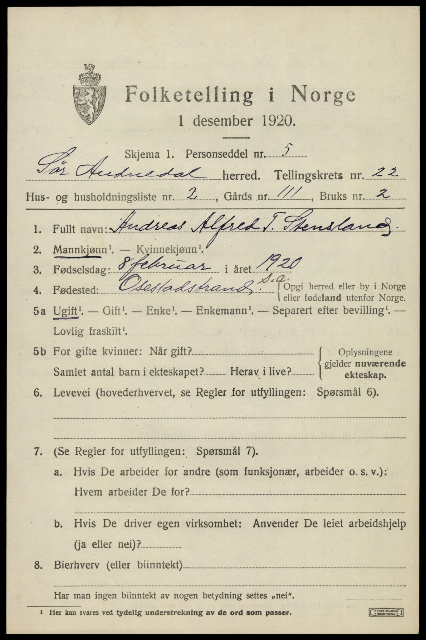 SAK, 1920 census for Sør-Audnedal, 1920, p. 7117