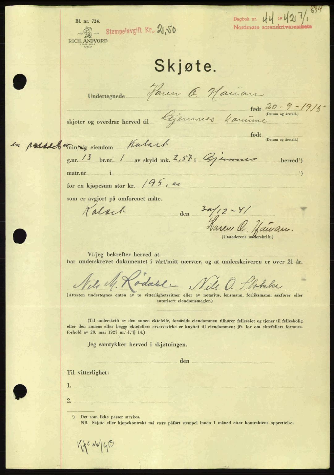 Nordmøre sorenskriveri, AV/SAT-A-4132/1/2/2Ca: Mortgage book no. A91, 1941-1942, Diary no: : 44/1942