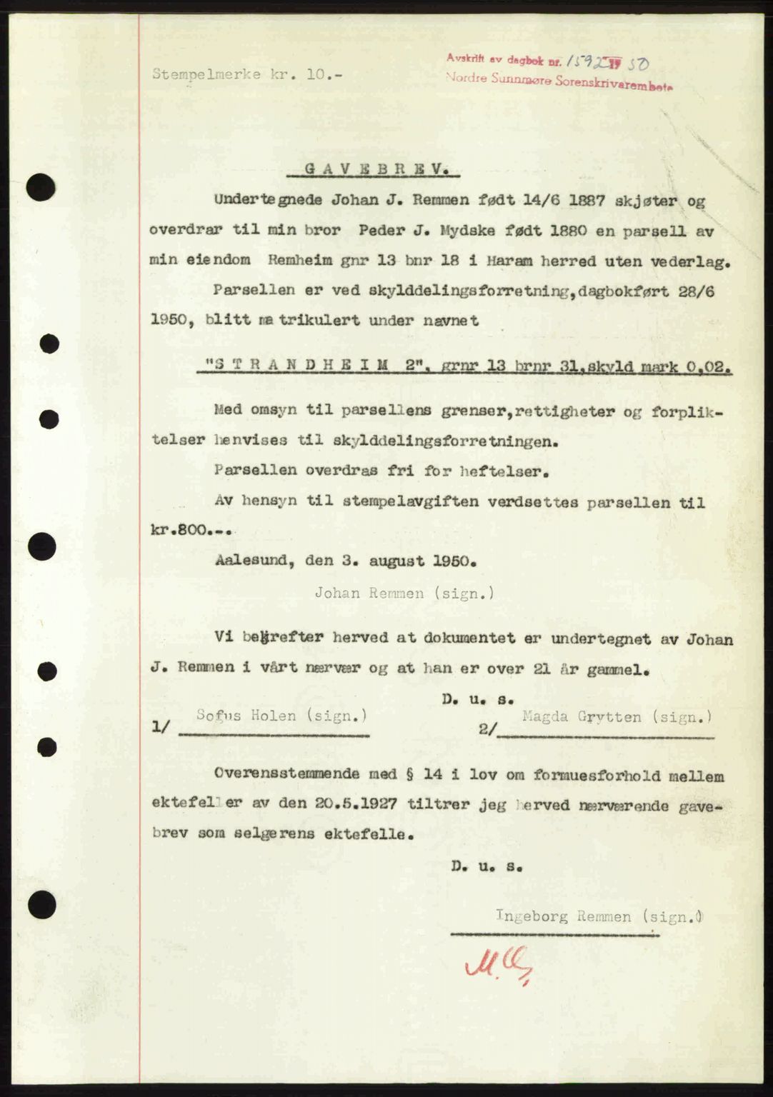 Nordre Sunnmøre sorenskriveri, SAT/A-0006/1/2/2C/2Ca: Mortgage book no. A35, 1950-1950, Diary no: : 1592/1950