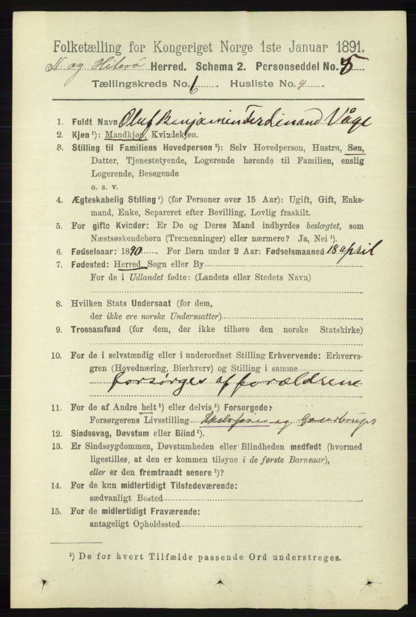 RA, 1891 census for 1043 Hidra og Nes, 1891, p. 2285