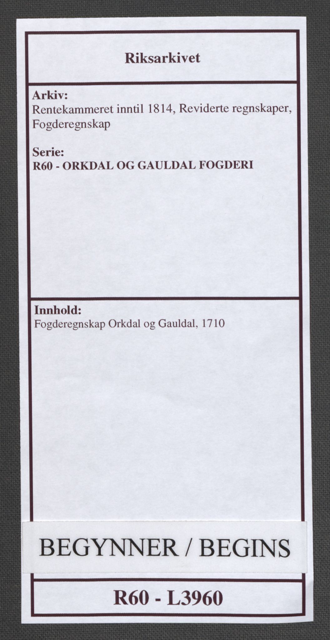 Rentekammeret inntil 1814, Reviderte regnskaper, Fogderegnskap, AV/RA-EA-4092/R60/L3960: Fogderegnskap Orkdal og Gauldal, 1710, p. 1