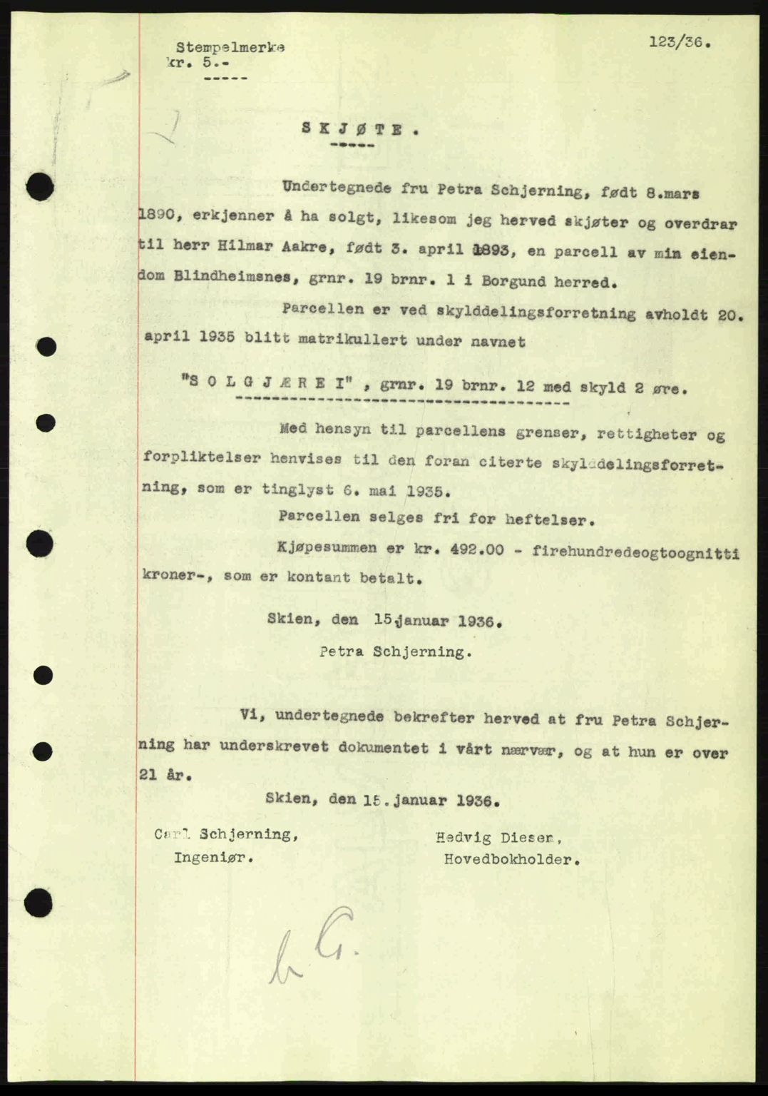 Nordre Sunnmøre sorenskriveri, AV/SAT-A-0006/1/2/2C/2Ca: Mortgage book no. A1, 1936-1936, Diary no: : 123/1936