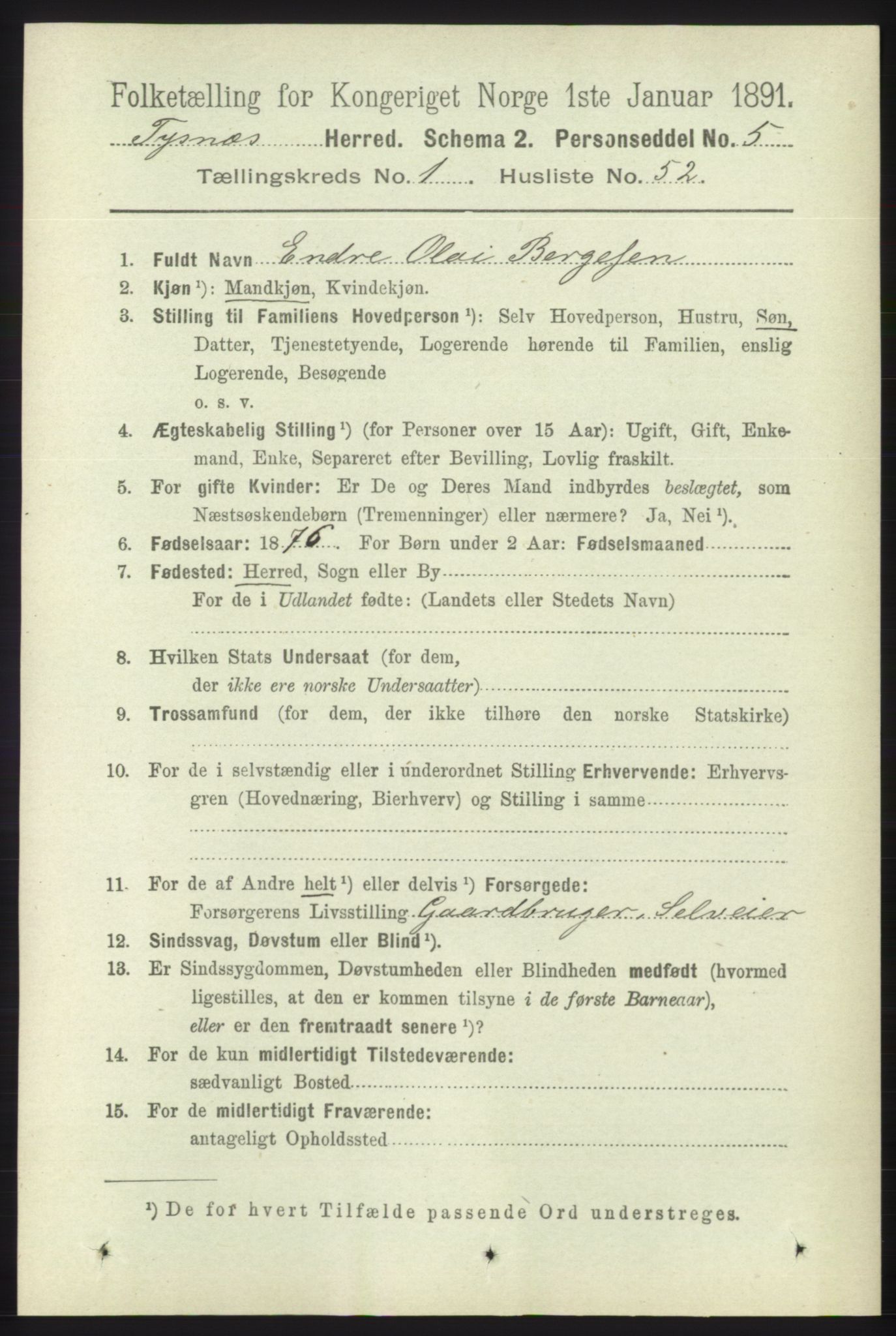 RA, 1891 census for 1223 Tysnes, 1891, p. 382