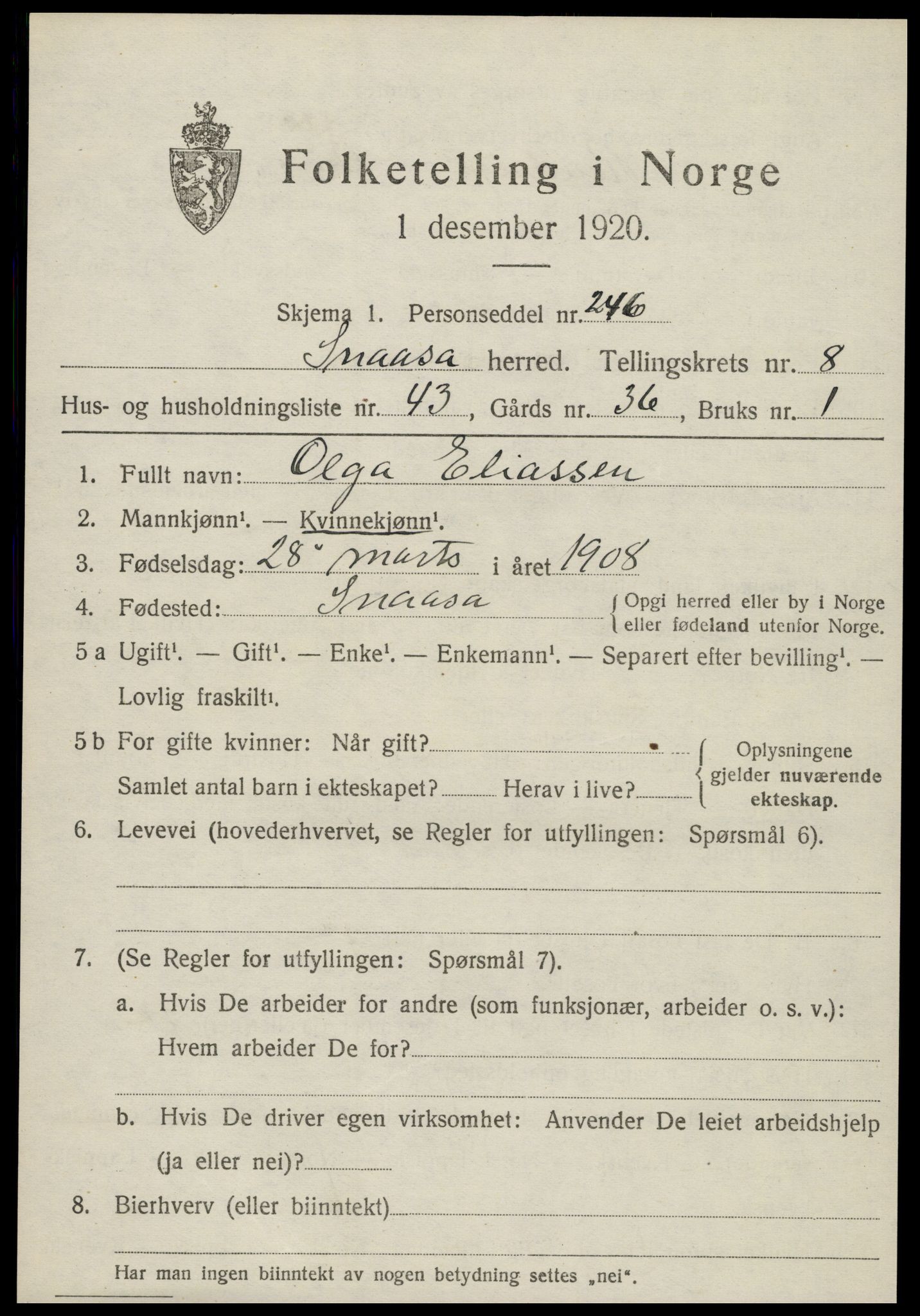 SAT, 1920 census for Snåsa, 1920, p. 3664