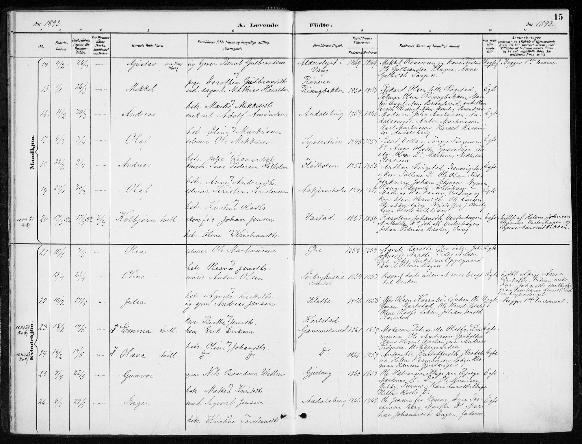 Løten prestekontor, SAH/PREST-022/K/Ka/L0010: Parish register (official) no. 10, 1892-1907, p. 15