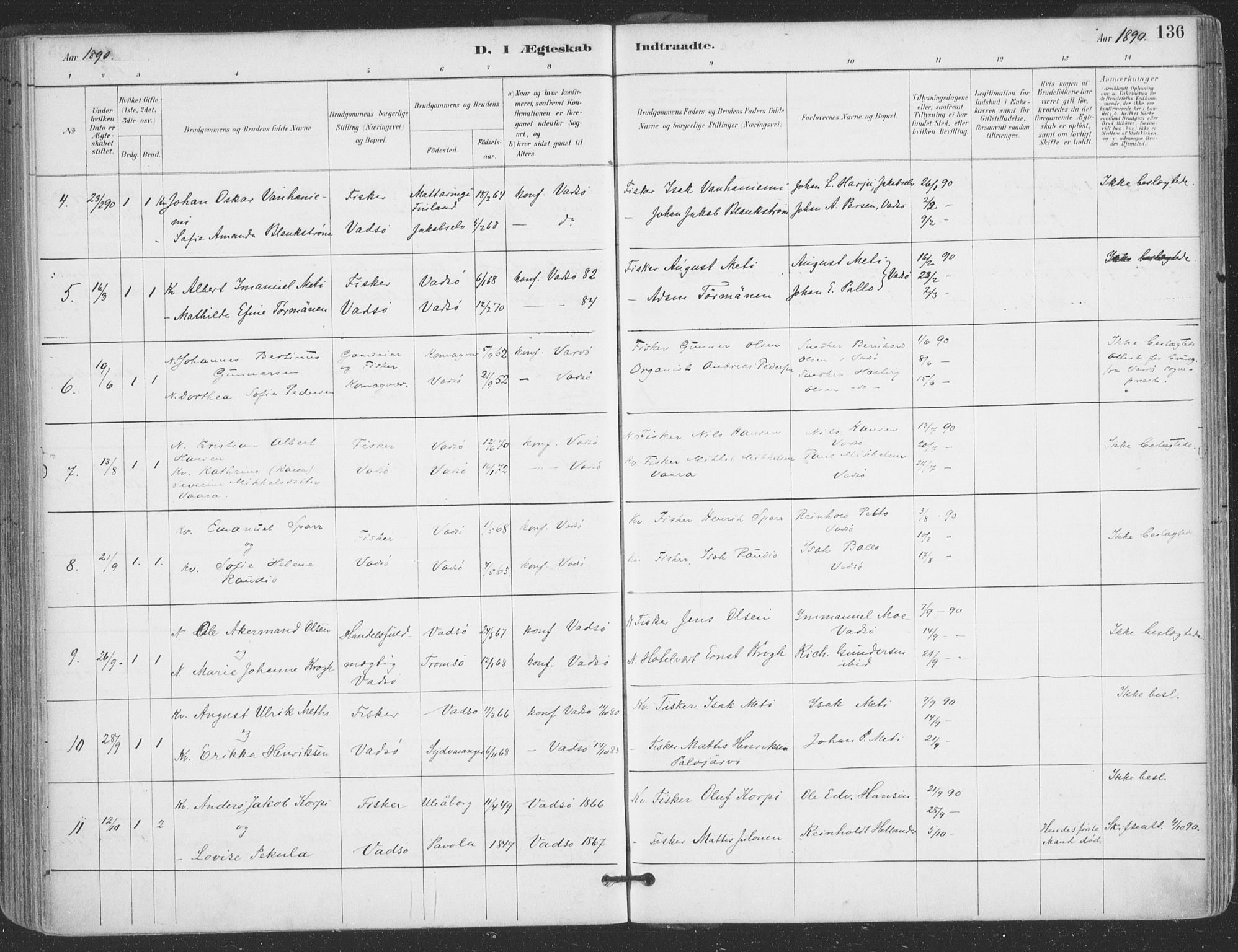 Vadsø sokneprestkontor, AV/SATØ-S-1325/H/Ha/L0006kirke: Parish register (official) no. 6, 1885-1895, p. 136