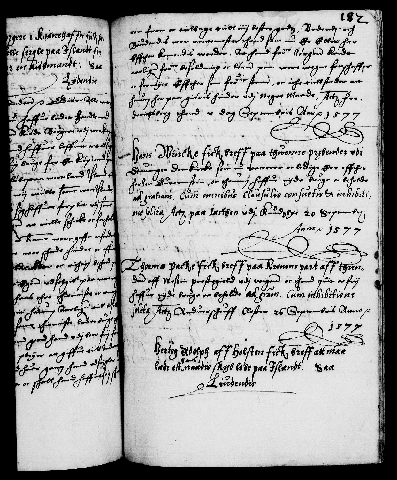 Danske Kanselli 1572-1799, AV/RA-EA-3023/F/Fc/Fca/Fcaa/L0001: Norske registre (mikrofilm), 1572-1588, p. 182a