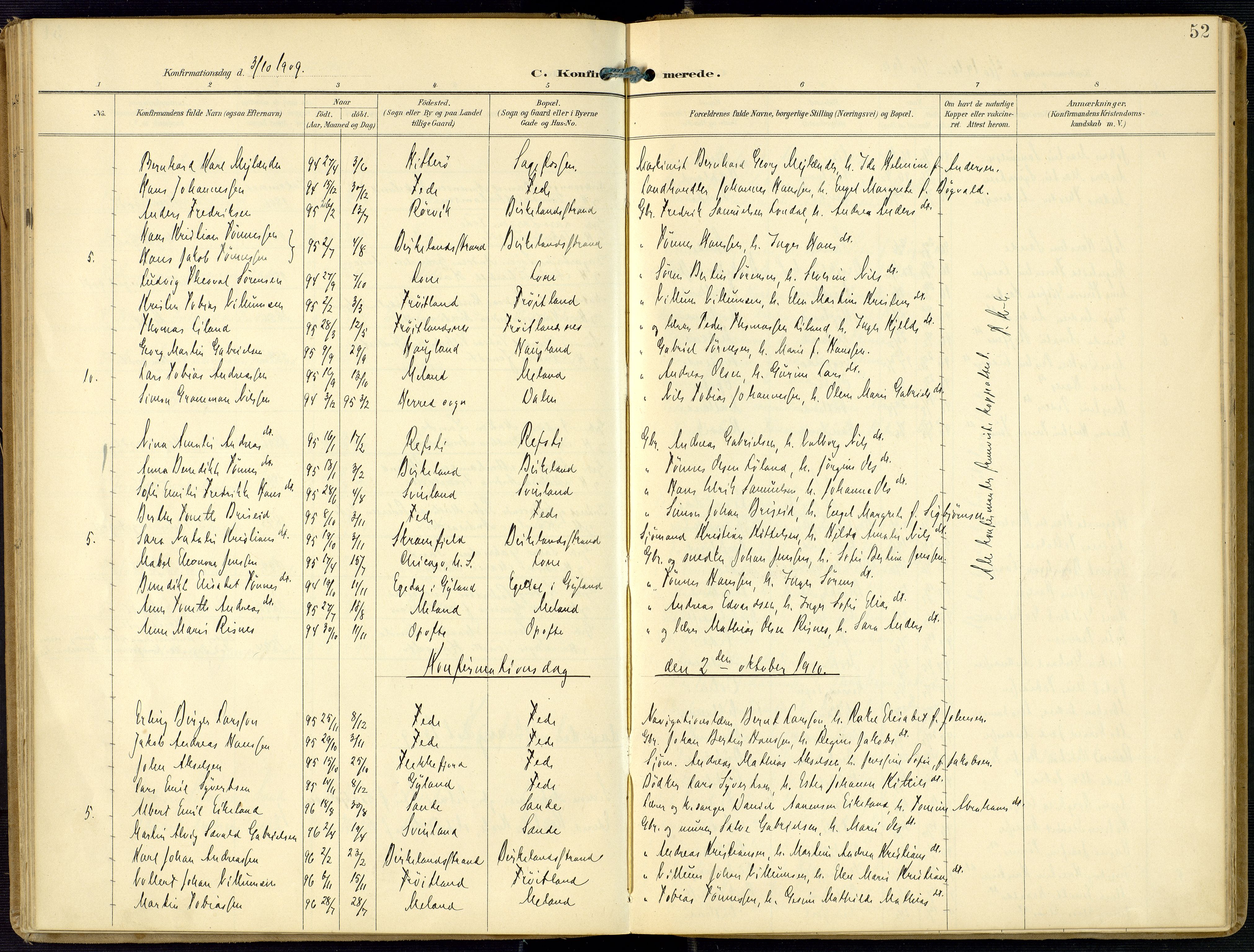 Kvinesdal sokneprestkontor, SAK/1111-0026/F/Fa/Faa/L0005: Parish register (official) no. A 5, 1898-1915, p. 52