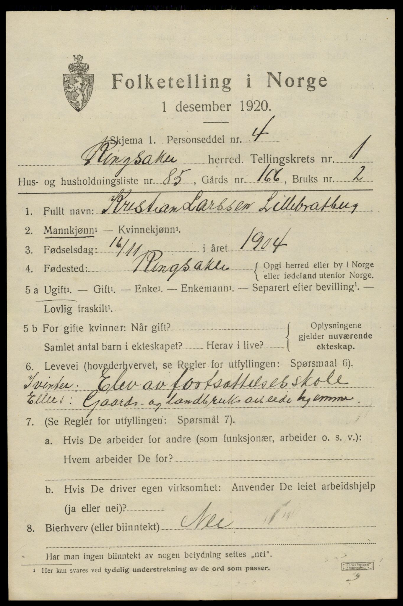 SAH, 1920 census for Ringsaker, 1920, p. 5400