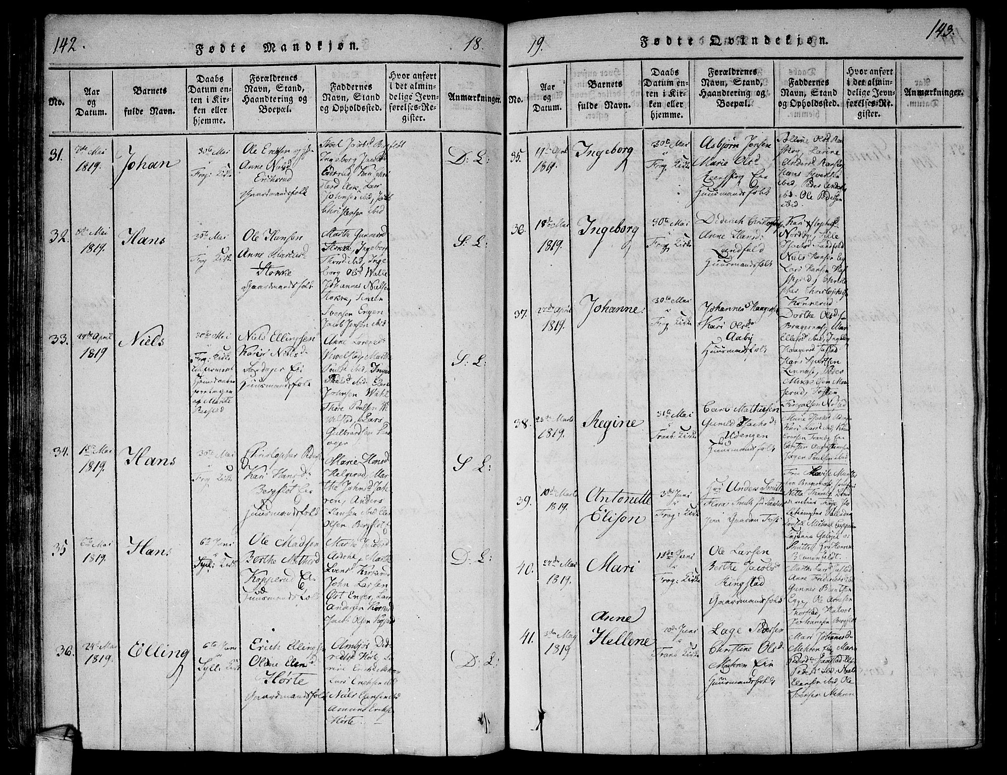 Lier kirkebøker, AV/SAKO-A-230/F/Fa/L0008: Parish register (official) no. I 8, 1813-1825, p. 142-143