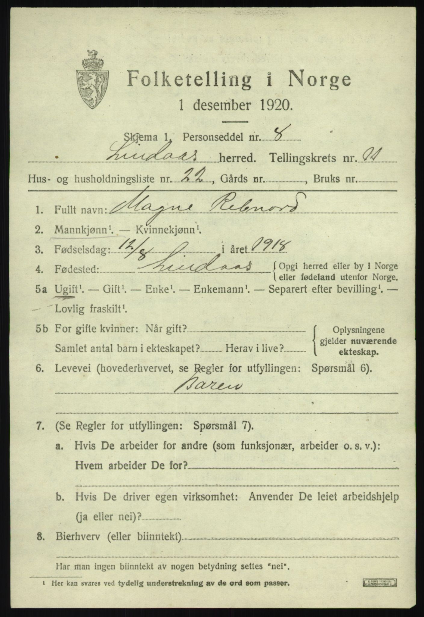 SAB, 1920 census for Lindås, 1920, p. 5917