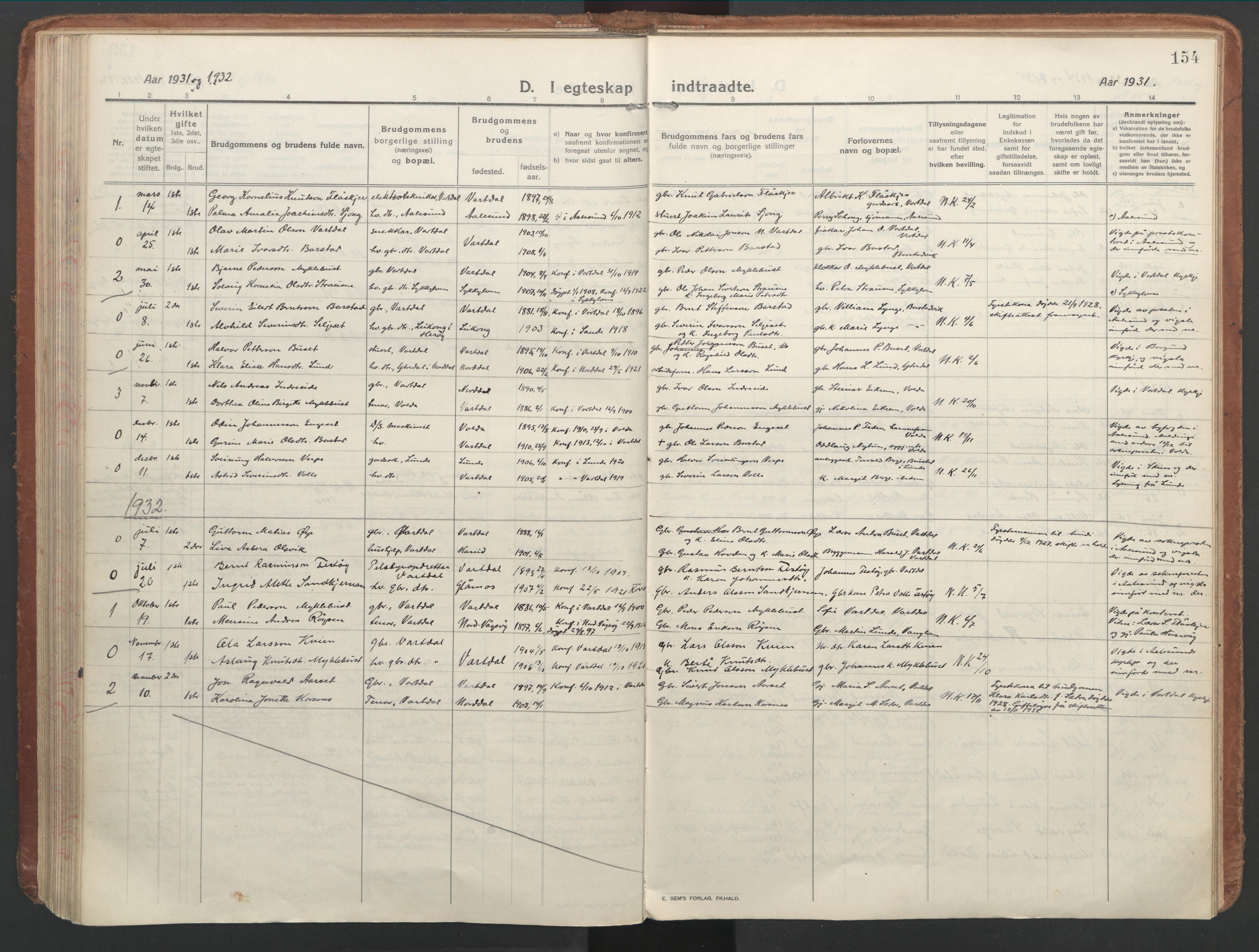 Ministerialprotokoller, klokkerbøker og fødselsregistre - Møre og Romsdal, AV/SAT-A-1454/514/L0200: Parish register (official) no. 514A02, 1913-1943, p. 154