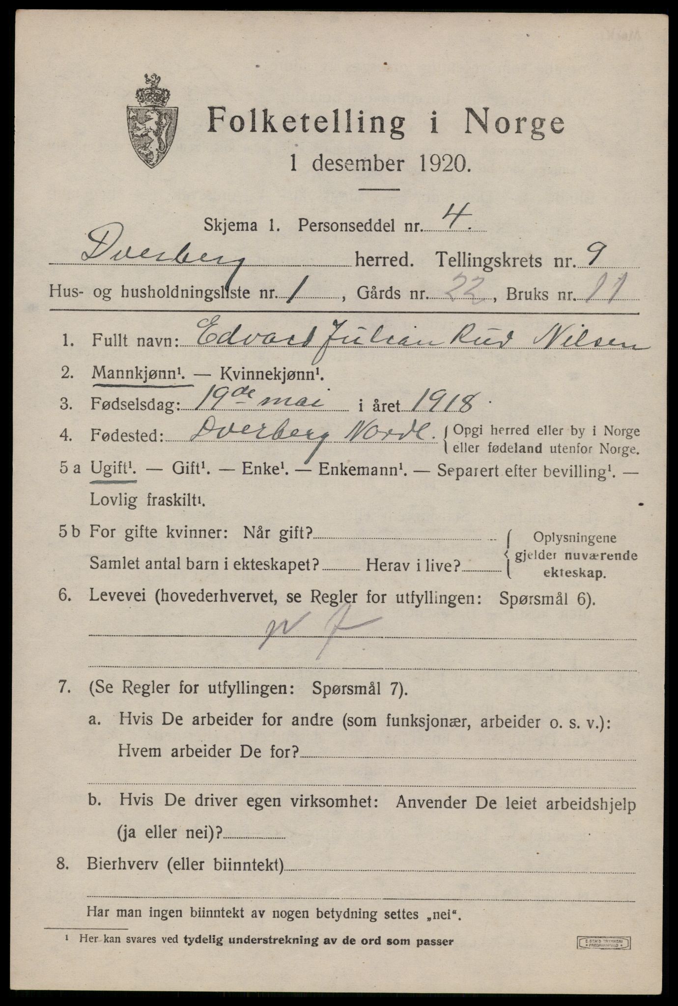 SAT, 1920 census for Dverberg, 1920, p. 7888