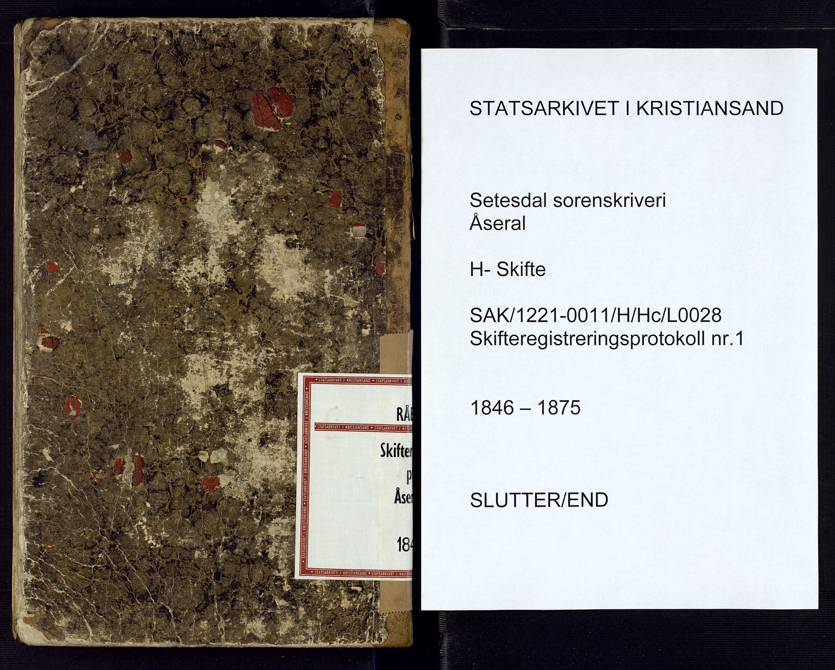 Setesdal sorenskriveri, SAK/1221-0011/H/Hc/L0028: Skifteregistreringsprotokoll nr 1 Åseral tinglag med register, 1846-1875