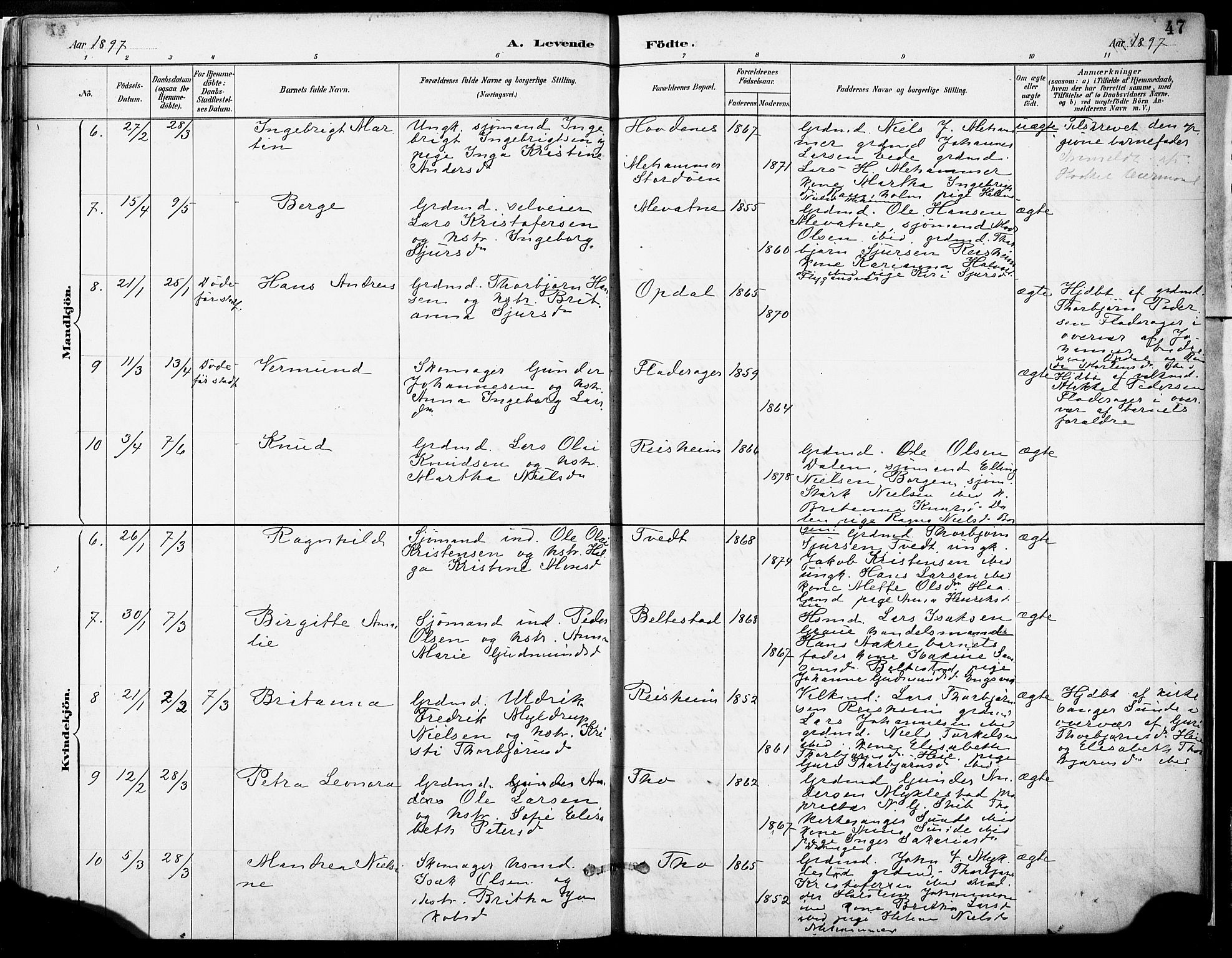 Tysnes sokneprestembete, SAB/A-78601/H/Haa: Parish register (official) no. D 1, 1887-1904, p. 47