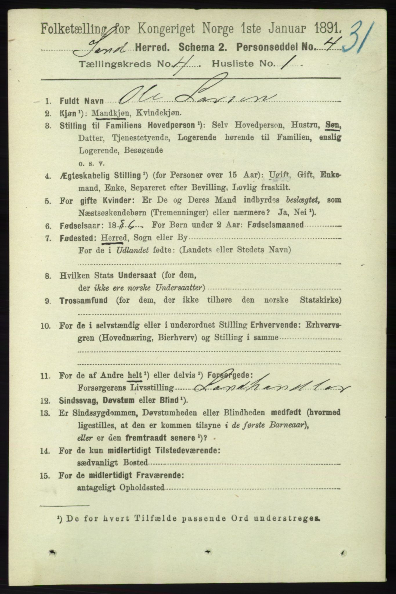 RA, 1891 census for 1136 Sand, 1891, p. 1209