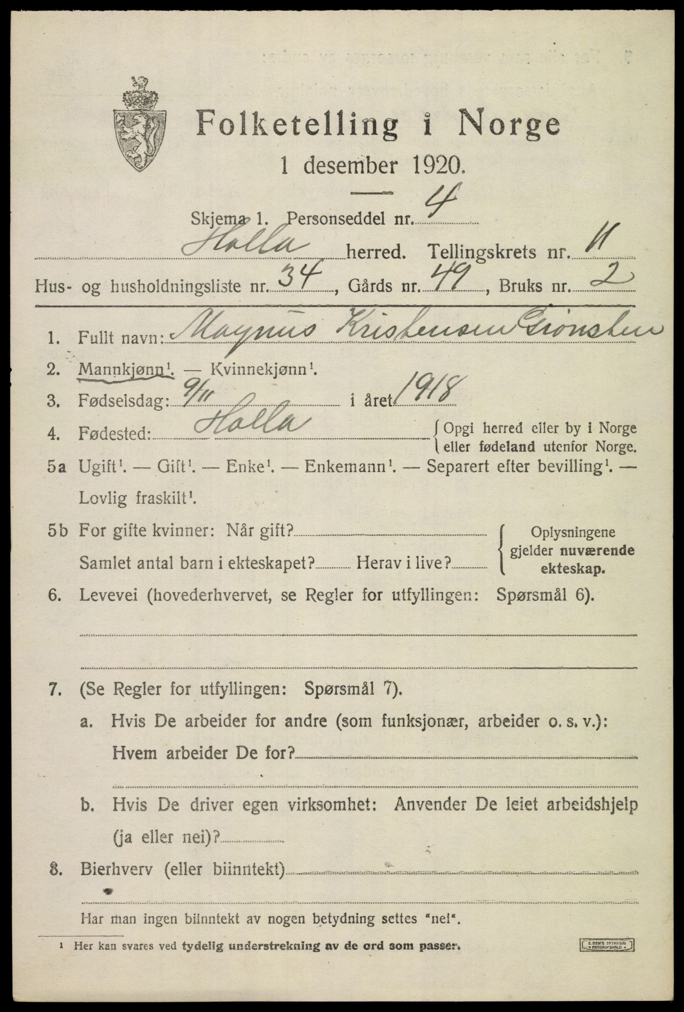 SAKO, 1920 census for Holla, 1920, p. 7431