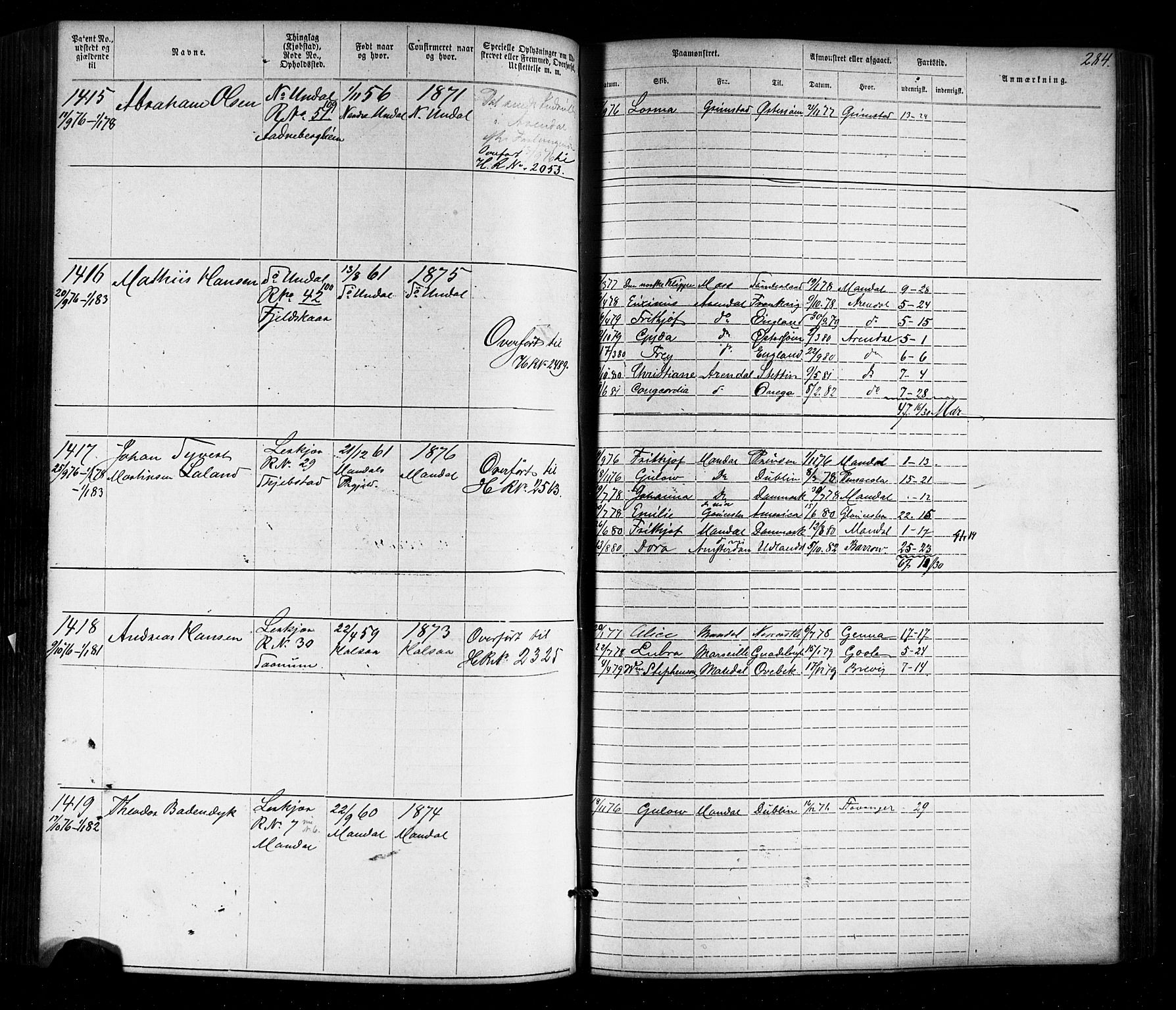 Mandal mønstringskrets, AV/SAK-2031-0016/F/Fa/L0005: Annotasjonsrulle nr 1-1909 med register, Y-15, 1868-1880, p. 325