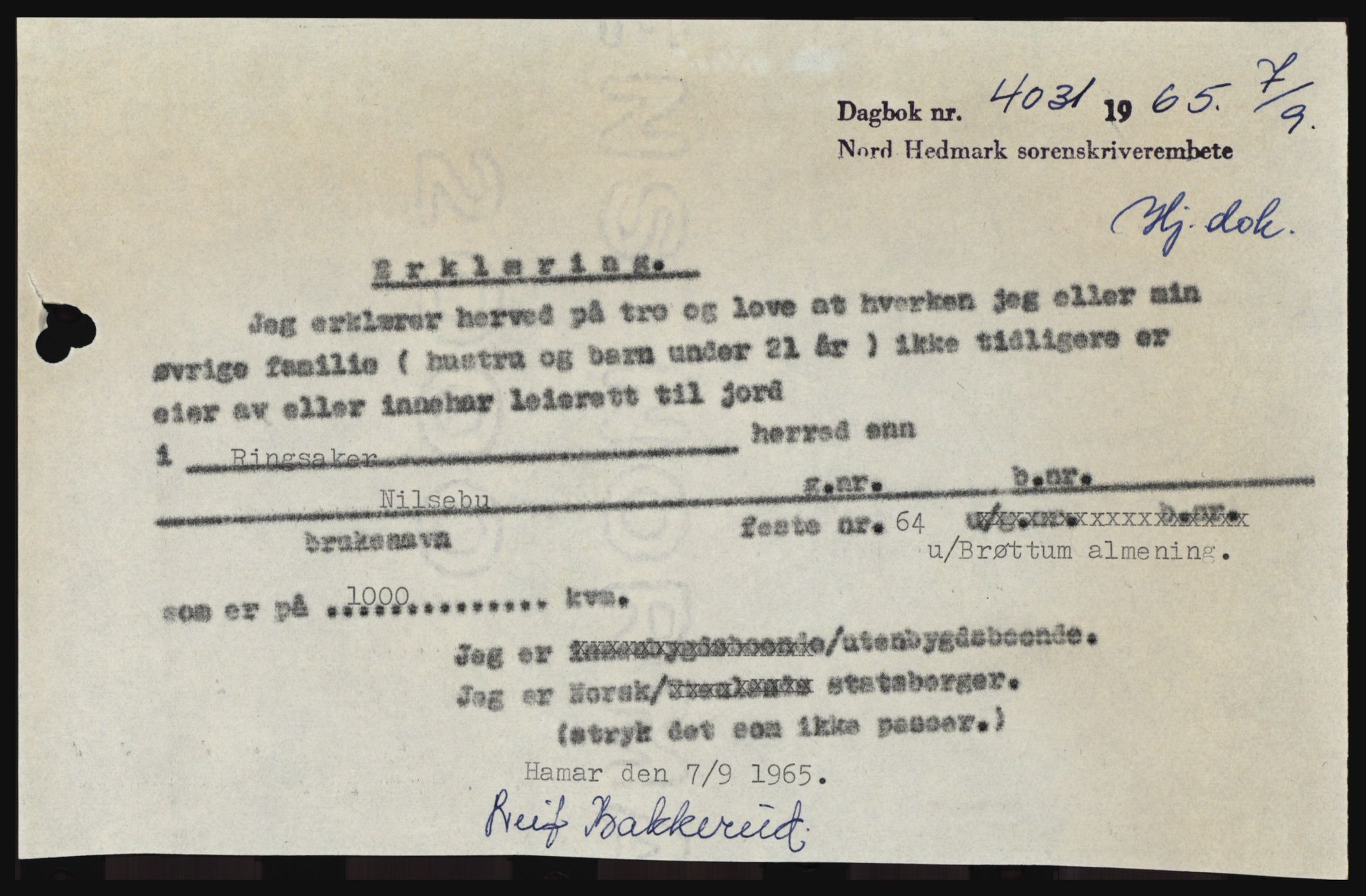 Nord-Hedmark sorenskriveri, SAH/TING-012/H/Hc/L0022: Mortgage book no. 22, 1965-1965, Diary no: : 4031/1965