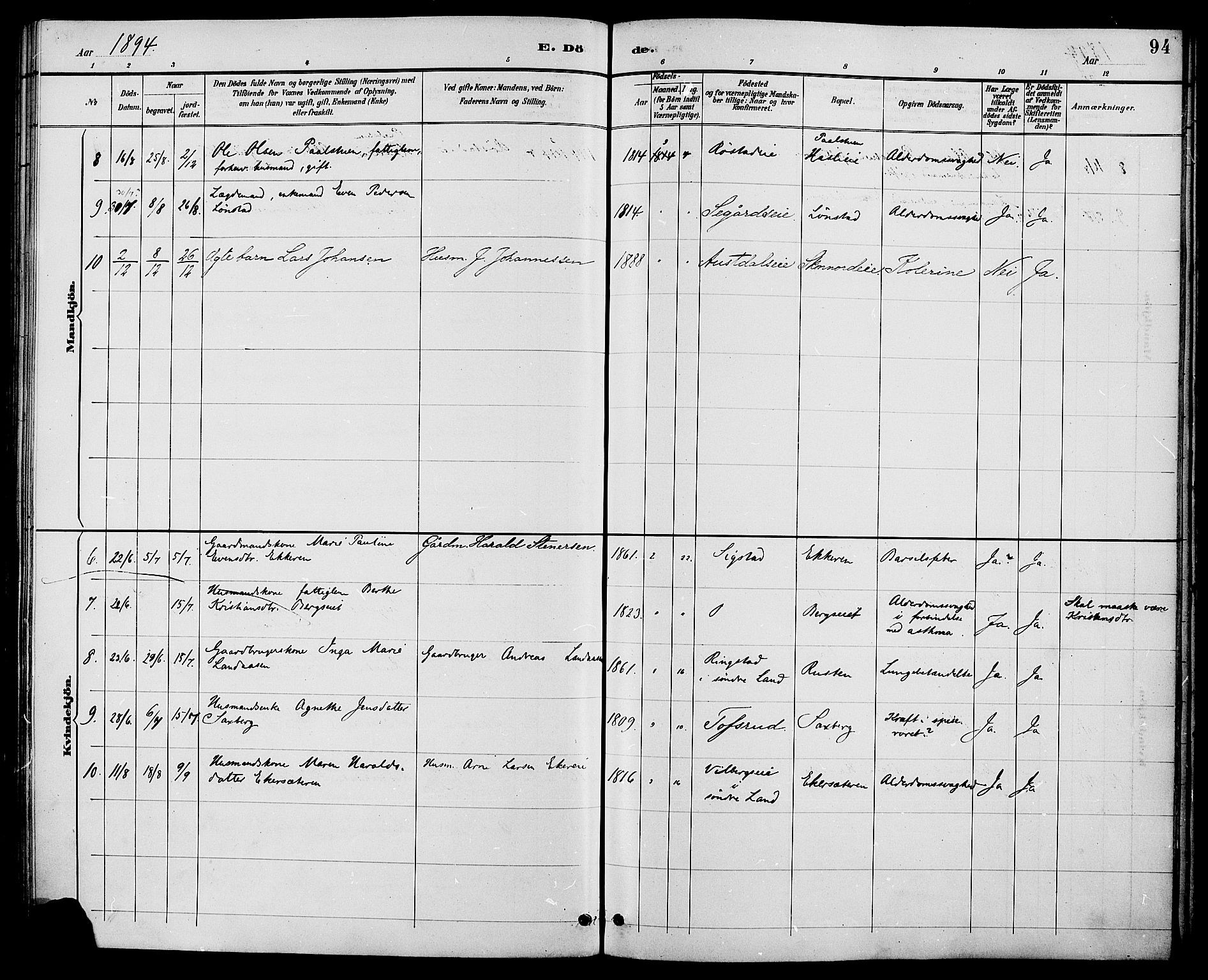 Biri prestekontor, AV/SAH-PREST-096/H/Ha/Haa/L0007: Parish register (official) no. 7, 1887-1893, p. 94