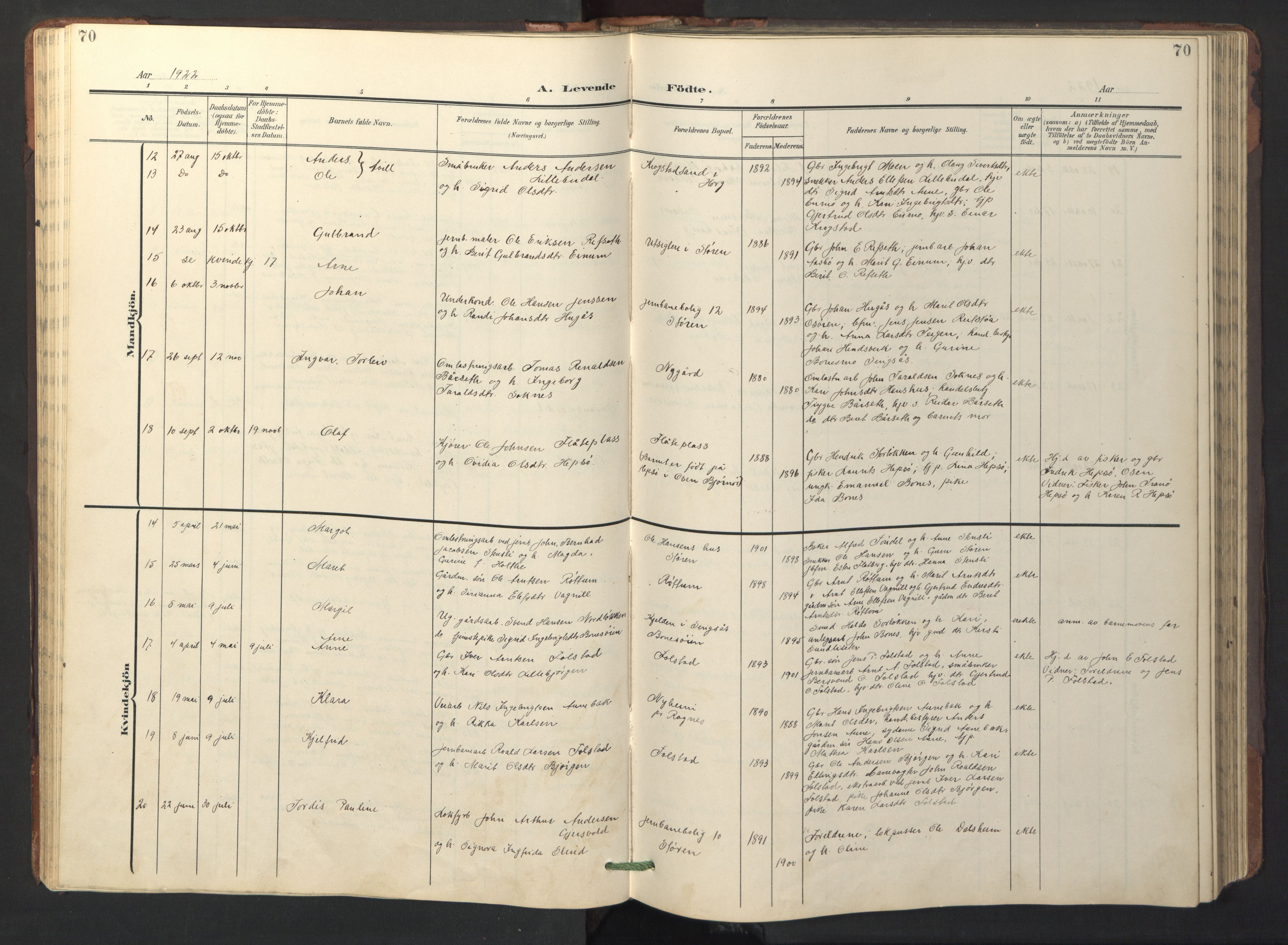 Ministerialprotokoller, klokkerbøker og fødselsregistre - Sør-Trøndelag, AV/SAT-A-1456/687/L1019: Parish register (copy) no. 687C03, 1904-1931, p. 70