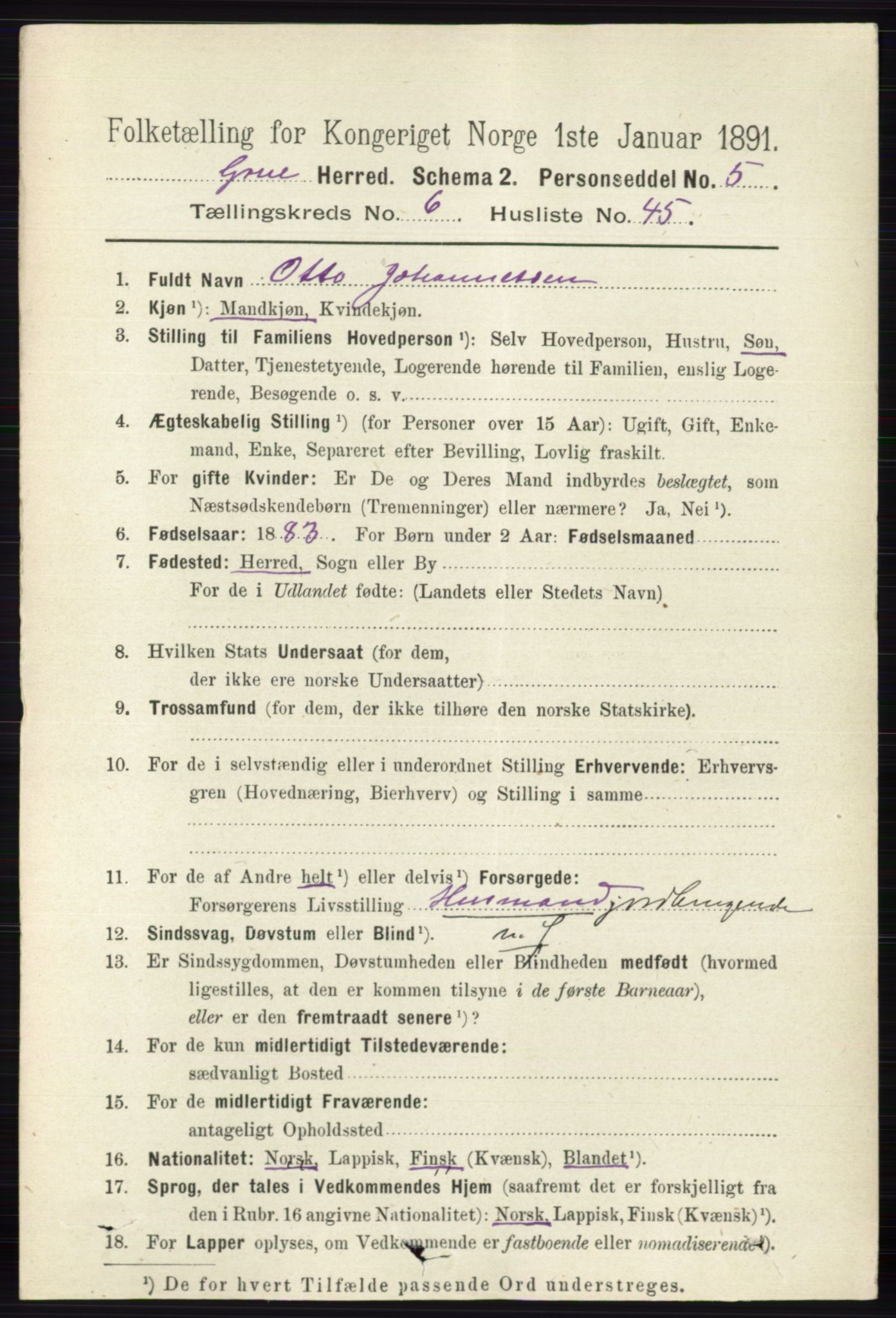 RA, 1891 census for 0423 Grue, 1891, p. 3444