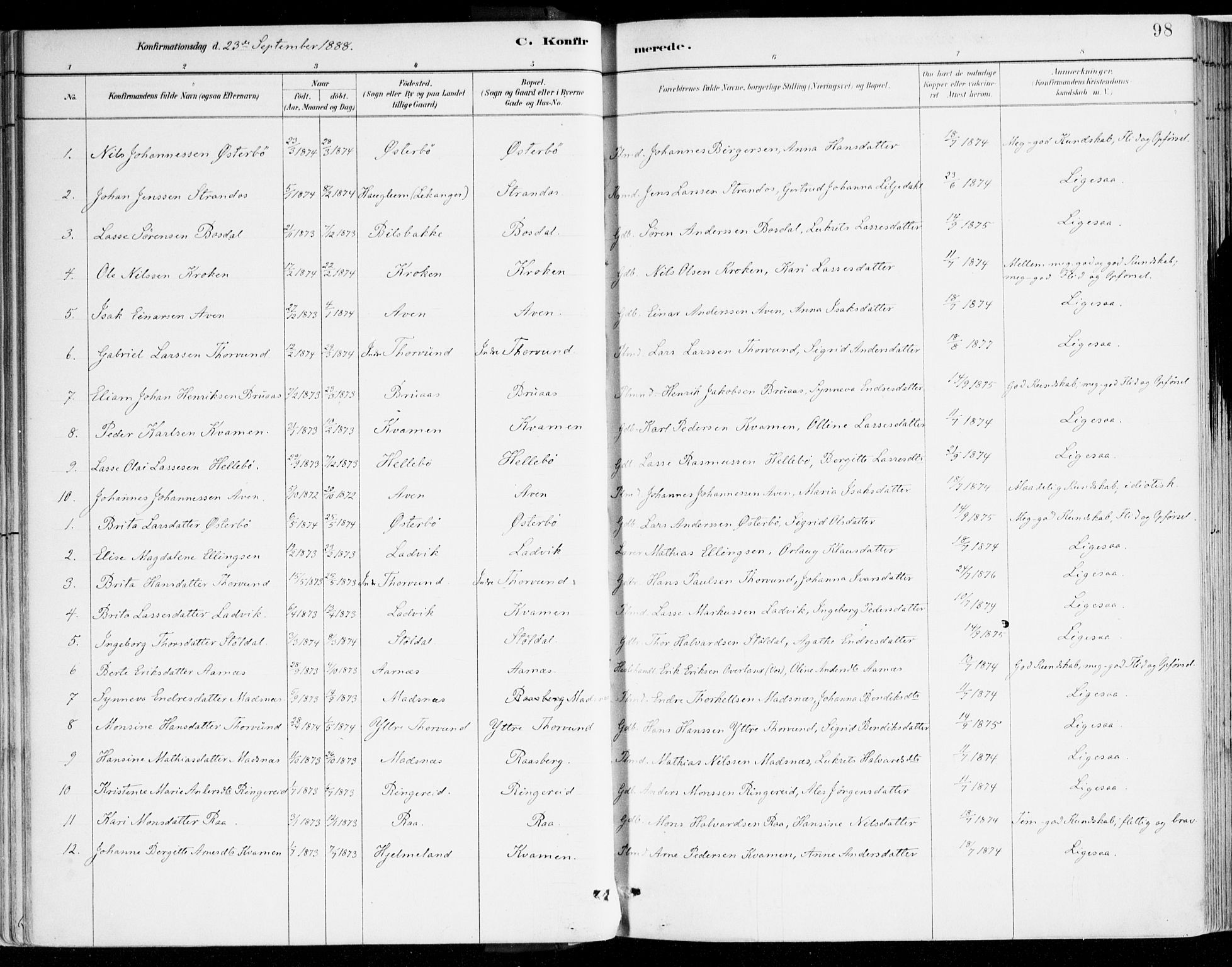 Lavik sokneprestembete, AV/SAB-A-80901: Parish register (official) no. B 1, 1882-1908, p. 98