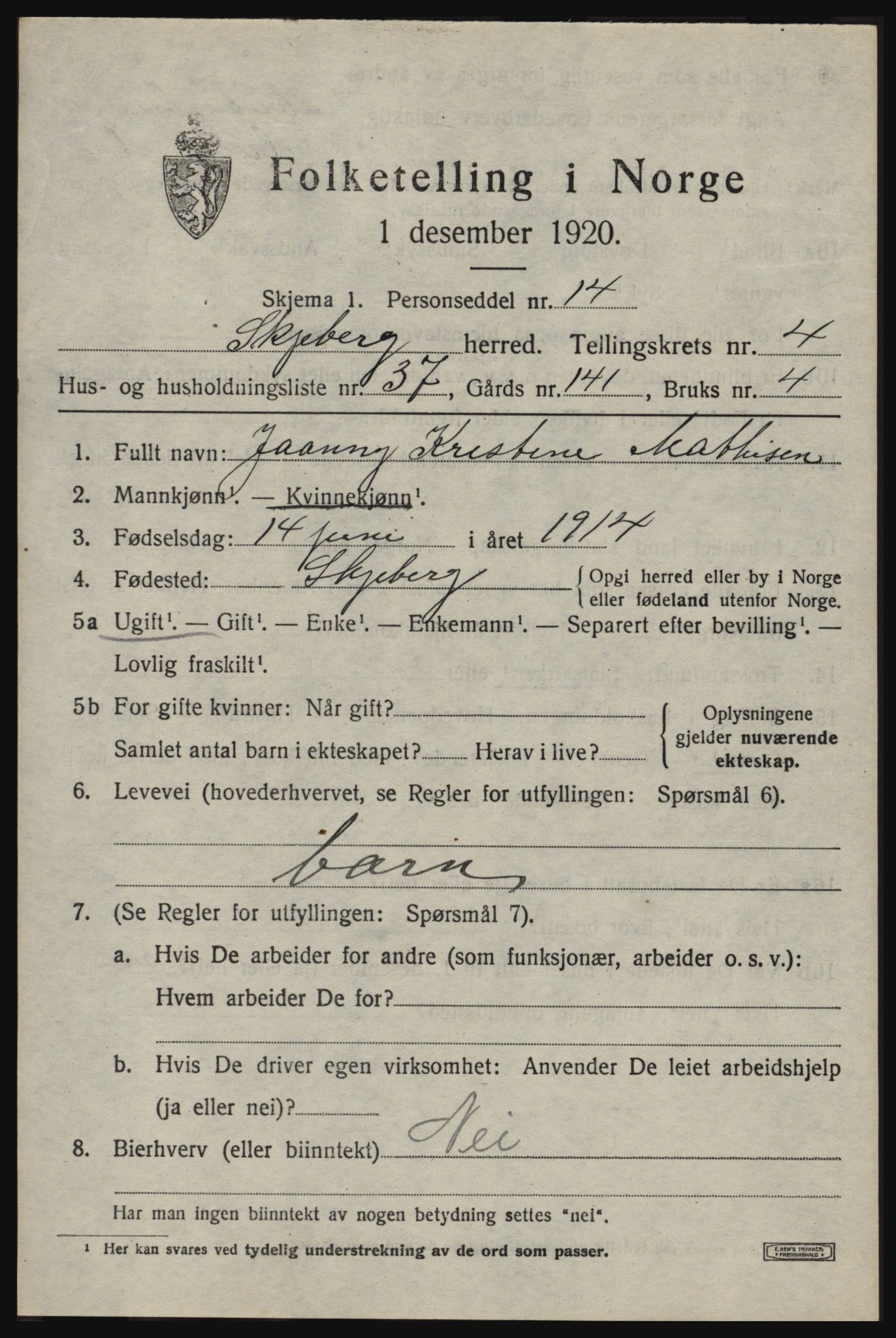 SAO, 1920 census for Skjeberg, 1920, p. 5411