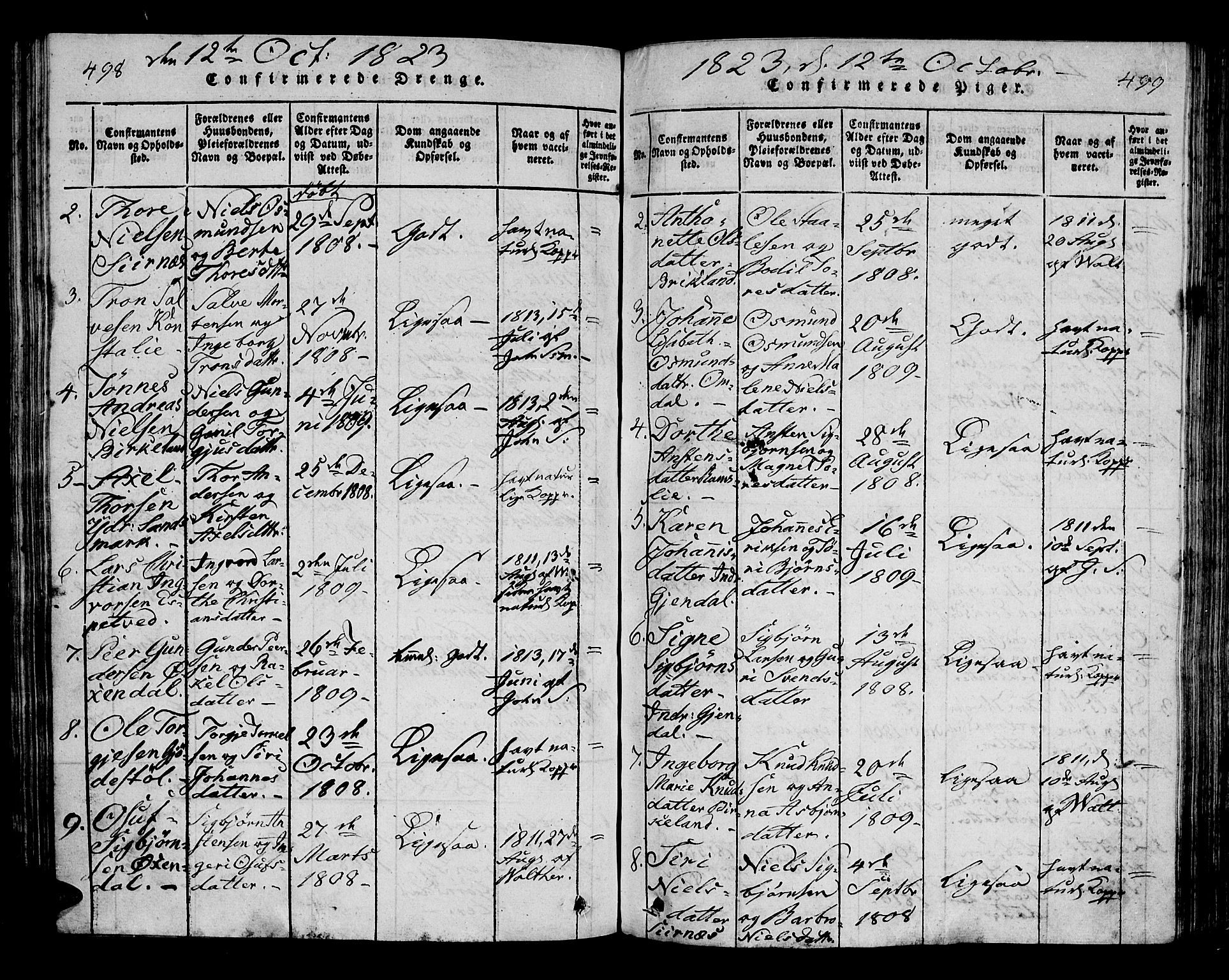 Bakke sokneprestkontor, AV/SAK-1111-0002/F/Fa/Faa/L0003: Parish register (official) no. A 3, 1815-1835, p. 498-499